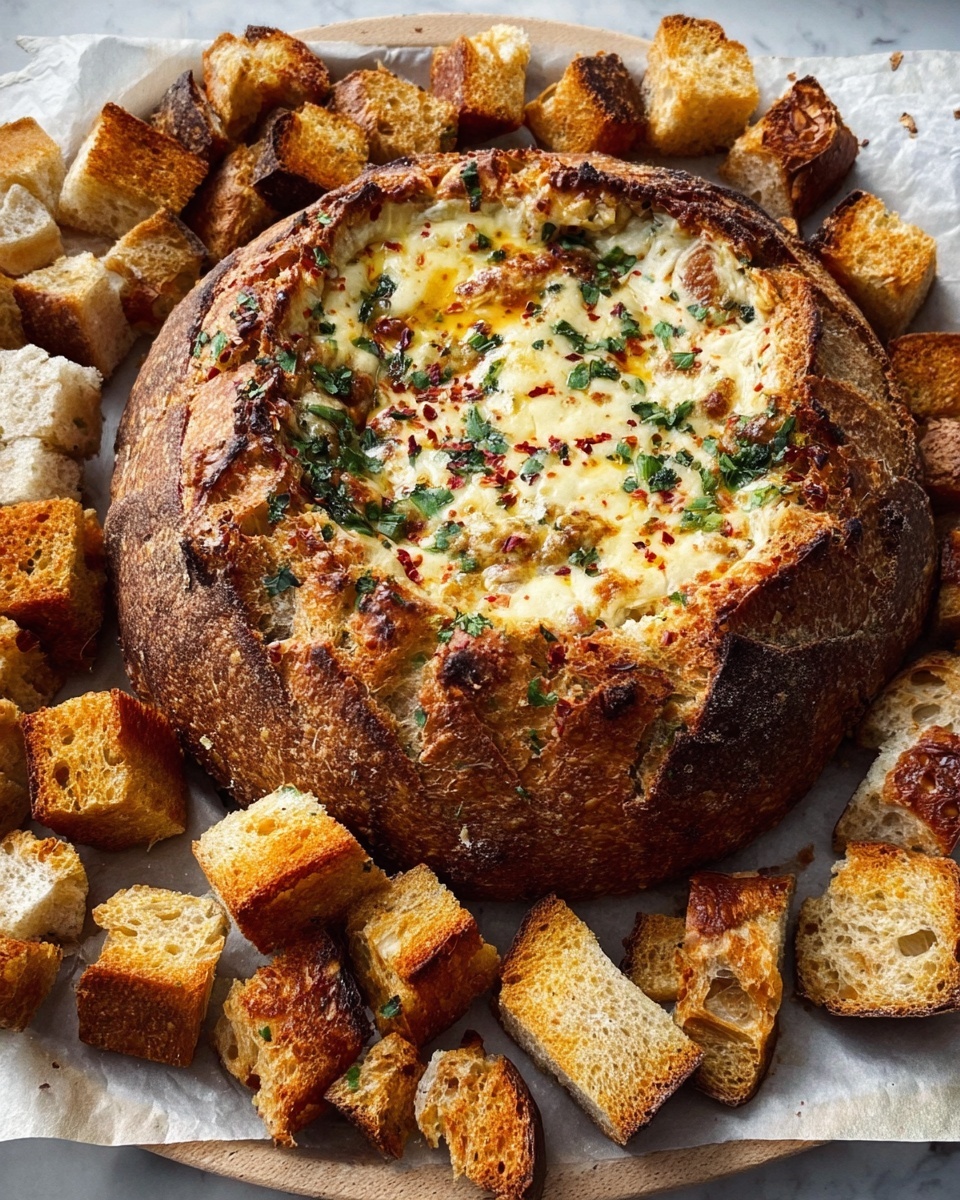 Cheesy Spinach Cob Loaf Dip in a Bread Bowl Recipe 5 A round bread bowl with a thick, dark golden crust forms the base, filled with a creamy cheese dip that is slightly browned on top, showing melted white and light yellow cheeses mixed with green herbs and sprinkled with red chili flakes. Surrounding the bread bowl are irregular, toasted bread cubes that have a mix of golden and dark brown edges, sitting on a white marbled textured surface lined with parchment paper. The scene captures a cozy, baked look with a mix of soft and crispy textures. photo taken with an iphone --ar 4:5 --v 7