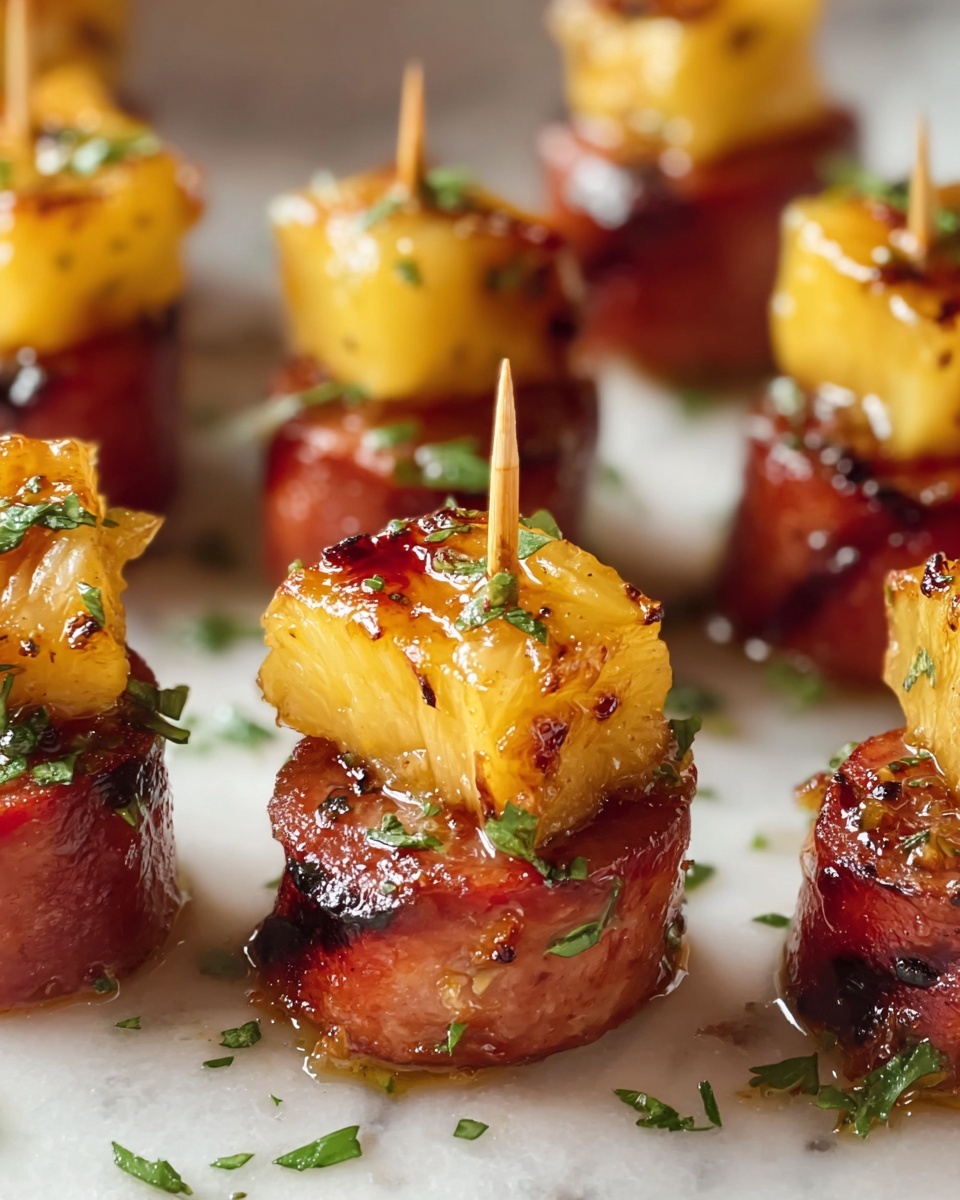 This image shows small, round slices of sausage as the bottom layer, with a shiny, slightly browned texture. Each sausage slice is topped with a yellowish chunk of grilled pineapple that has a crisp, slightly caramelized surface. A toothpick goes through both layers, holding them together vertically. The food pieces are placed closely on a white plate with a detailed rim, set on a white marbled surface. The background is softly blurred, highlighting the glossy, juicy look of the sausage and pineapple pieces. Photo taken with an iphone --ar 4:5 --v 7