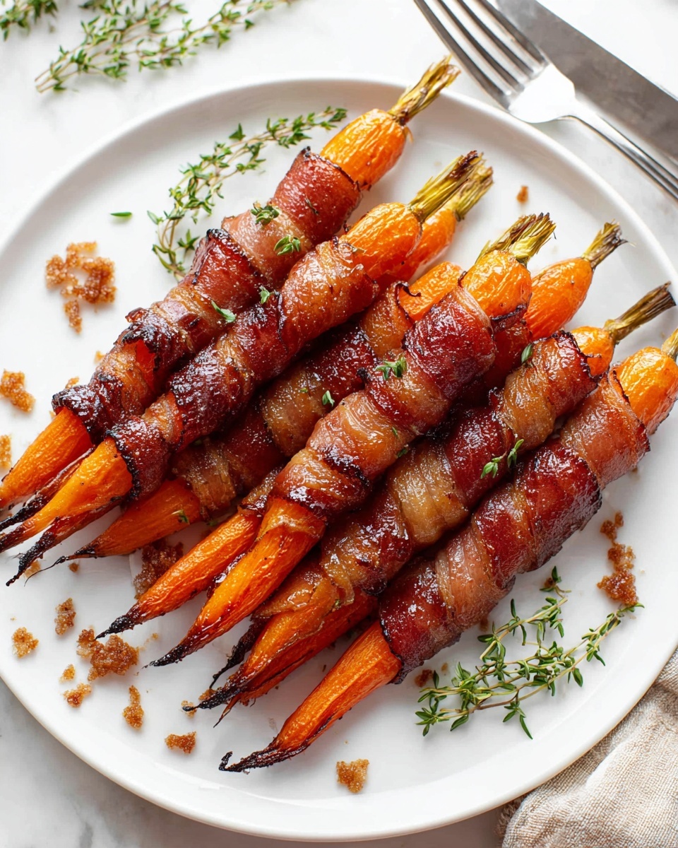 Maple Bacon Carrots Recipe 5 A white plate holds a neat pile of orange carrots, each wrapped tightly in crispy, browned bacon strips. The bacon shows a shiny, slightly textured surface with darker edges, and the carrots peek out from both ends, smooth and firm. Small green herb sprigs are scattered around the plate for decoration, and coarse brown sugar bits are sprinkled on top, adding subtle texture. The plate is set against a white marbled textured surface. photo taken with an iphone --ar 4:5 --v 7