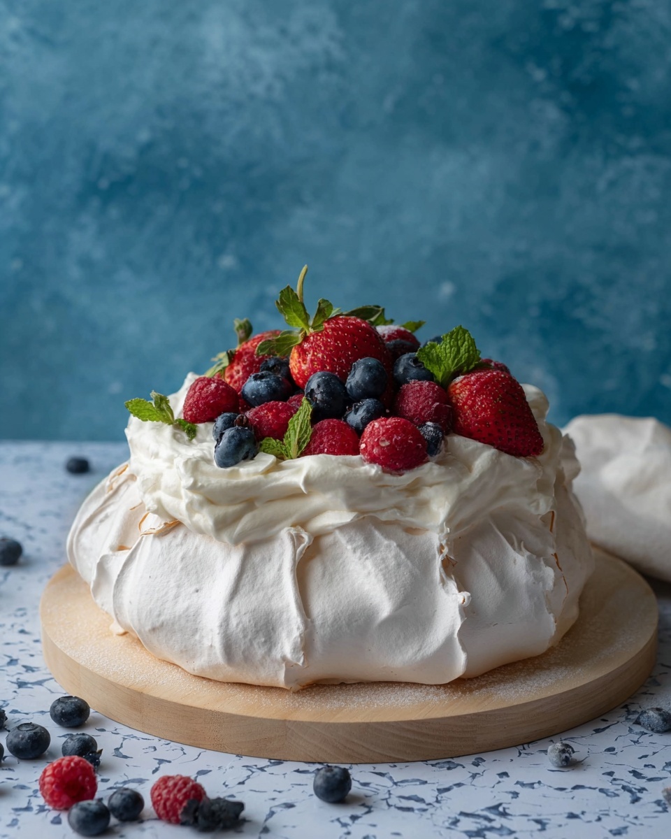 The image shows a thick round cake with a white soft meringue shell that has soft folds and wrinkles around the edges, sitting on a light wooden round board. The top layer of the cake is a rich white cream spread unevenly with soft peaks. On top of the cream, there is a mix of fresh berries: red raspberries, blue blueberries, and red strawberries with green leaves still attached, arranged in a loose heap. A few sprigs of green mint leaves add a fresh touch mixed among the berries. The background is a blue rough-textured wall, and the surface is a white marbled texture with some scattered blueberries around the board. photo taken with an iphone --ar 4:5 --v 7