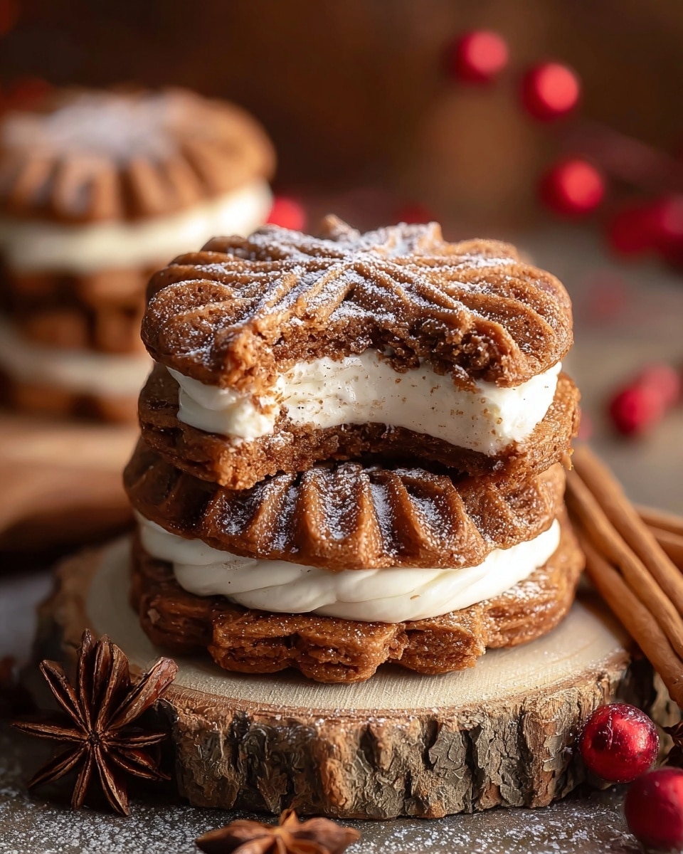 The image shows a stack of two brown cookies with white snowflake icing on top, and a third cookie with a bite taken out of it resting on top of the stack, showcasing a soft, slightly crumbly texture inside. The middle cookie is sandwiched with a creamy white frosting that looks smooth and thick. Around the stack, there are more similar cookies laid out, some with the same white snowflake icing, placed on a white marbled surface. In the background, there is a cinnamon stick and a small festive sprinkle ball with red, green, and white colors. The overall look is warm and cozy, perfect for a holiday treat. photo taken with an iphone --ar 4:5 --v 7