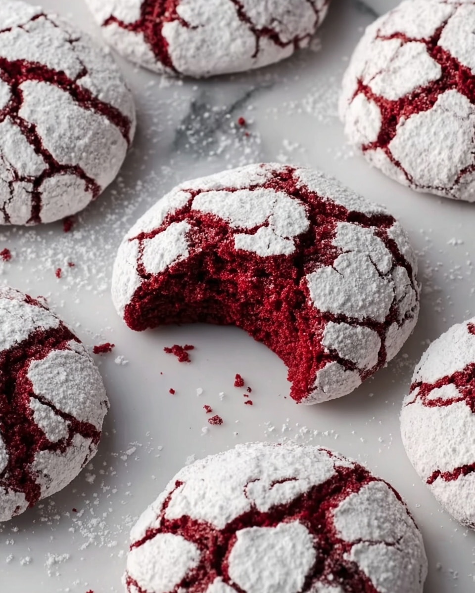 The image shows several round red velvet cookies covered with a thick layer of white powdered sugar that cracks as the cookies bake, revealing the deep red color underneath. Each cookie has a rough cracked top with white frost-like sugar spread unevenly, giving a cracked marble effect on the surface. One cookie in the front is partially eaten, showing a soft, dense, and moist inner red layer contrasting with the dry powdered sugar outside. The cookies rest on a white marbled surface, scattered with small powdered sugar dusts around them. photo taken with an iphone --ar 4:5 --v 7