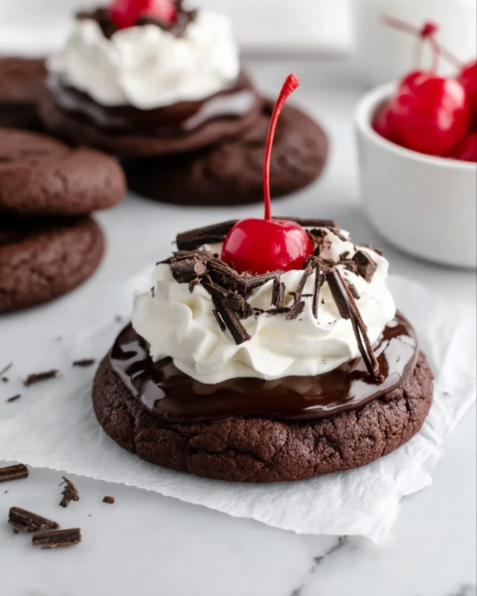 A close-up look at a stack of two dark brown chocolate cookies on a white marbled surface, with the top cookie broken in half to show a soft, moist inside with red cherry pieces. The top half is topped with a thick layer of white whipped cream, garnished with a shiny red cherry and small dark chocolate chunks. A woman’s hand reaches from the right side holding a piping bag with white cream. The scene has a soft, fresh light, highlighting the rich texture of the chocolate and cream. photo taken with an iphone --ar 4:5 --v 7