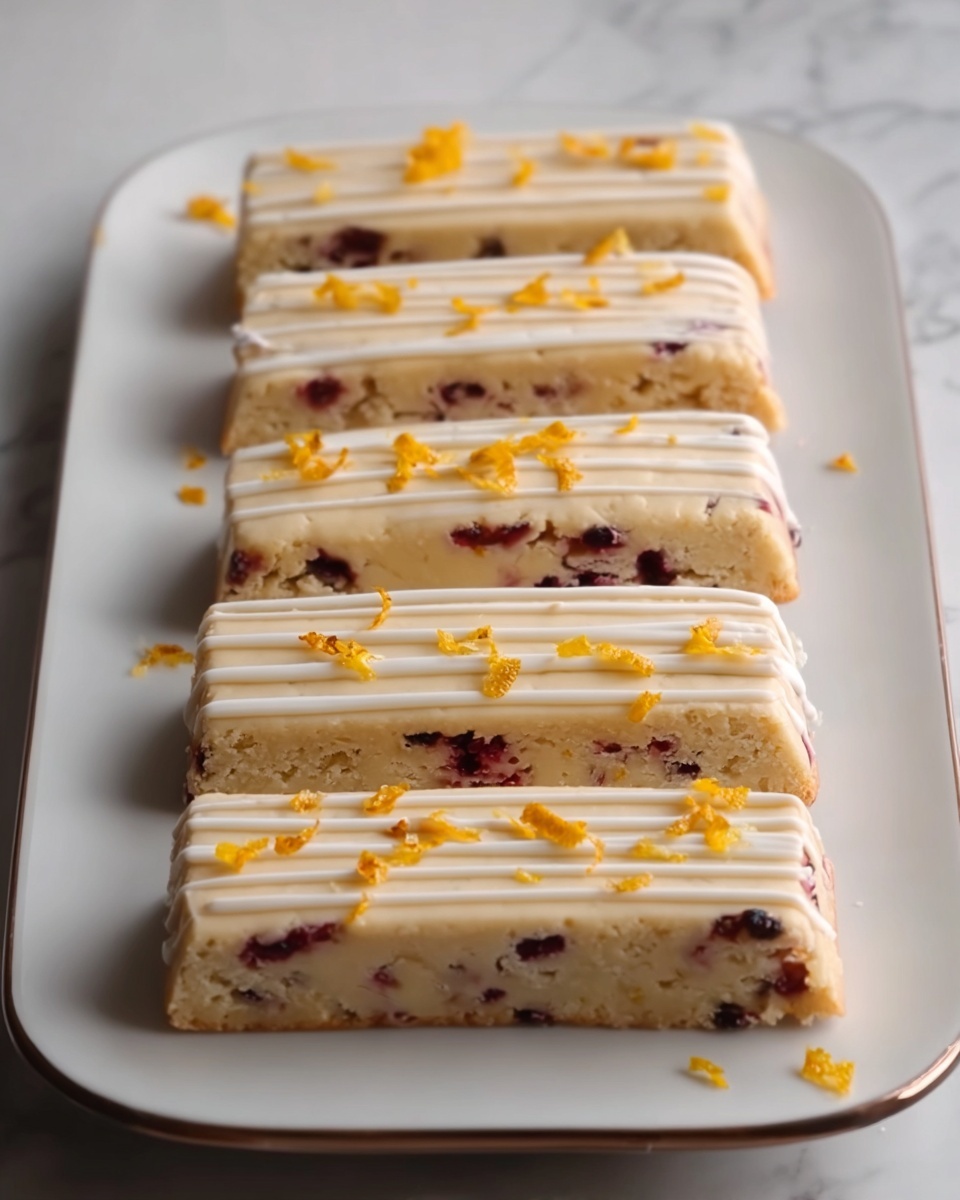 Orange Cranberry Shortbread Cookies for the Holidays Recipe 5 A white rectangular board holds eight long rectangular bars placed side by side. Each bar has a light golden beige base with small dark red spots of berries embedded throughout. The bars are topped with a smooth white icing layer that has thin, scattered orange zest strips on the surface. The texture of the bars looks soft and slightly crumbly with a glossy icing finish. The background is a white marbled texture. photo taken with an iphone --ar 4:5 --v 7