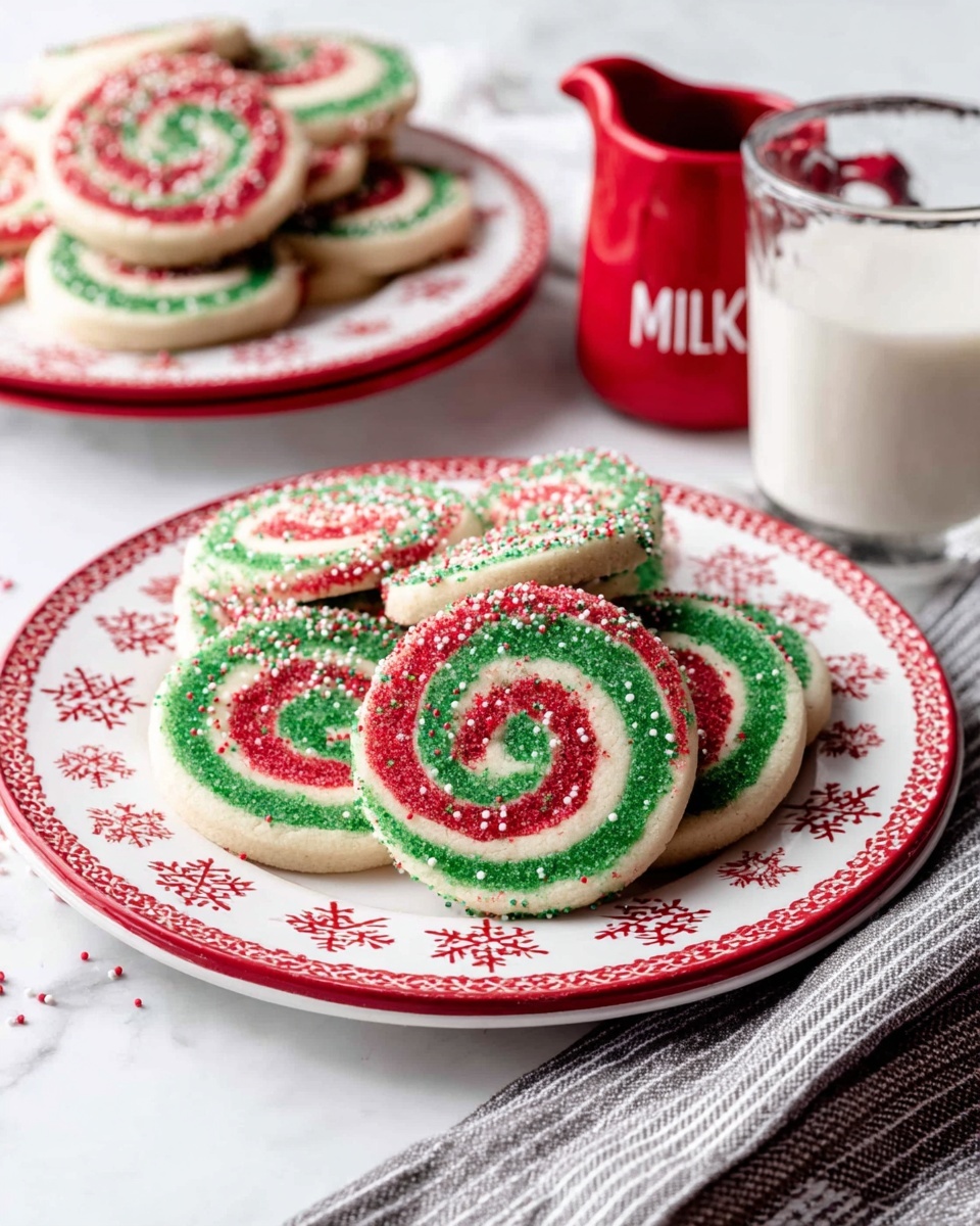 Christmas Pinwheel Cookies Recipe 5 The image shows a stack of round swirl cookies and some cookies lying flat on a white marbled surface. Each cookie has three visible spiral layers in red, white, and green, starting from the center and swirling outward to the edges. The red outer layer of the cookies is covered with tiny round sprinkles in red, white, and green colors. The cookies have a smooth texture and thick edges. The overall look is festive and colorful with clean swirls clearly visible on each cookie. photo taken with an iphone --ar 4:5 --v 7