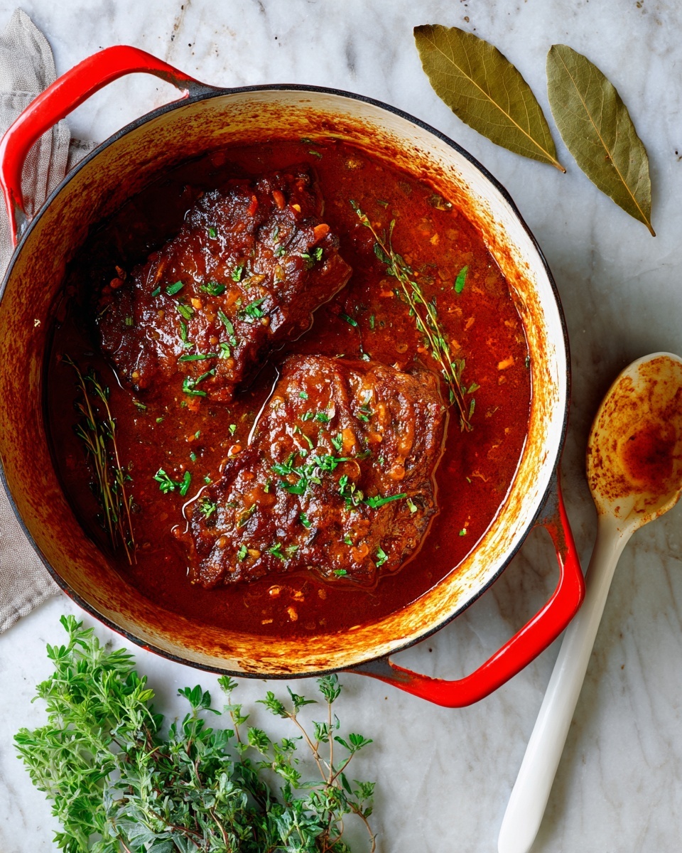 An oval white plate holds a rich stew with large pieces of dark brown meat layered on top of thick brown sauce with visible bits of orange carrot and green herbs mixed in. The meat pieces have a slightly textured surface and are sprinkled with chopped green parsley. The plate sits on a dark gray cloth napkin on a white marbled surface. A wooden-handled metal fork with two prongs lies next to the plate, and a sprig of green rosemary is partially visible at the top right corner. The scene is bright and clear, showing the rich colors and textures of the food photo taken with an iphone --ar 4:5 --v 7