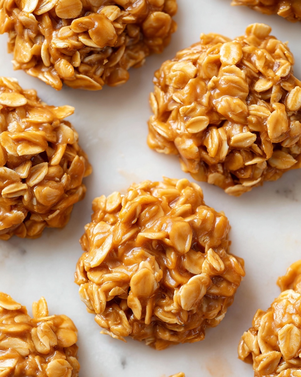 Easy No Bake Peanut Butter Cookies Recipe 5 The image shows several small mounds of sticky, orange peanut butter and oatmeal mix placed on white baking paper over a white marbled surface. Each mound is round and textured, with visible oat flakes giving a rough and chunky look. The color is mainly light orange with lighter and darker orange shades from the peanut butter mix. The mounds are spaced out evenly in a neat grid pattern with white baking paper visible between them. photo taken with an iphone --ar 4:5 --v 7