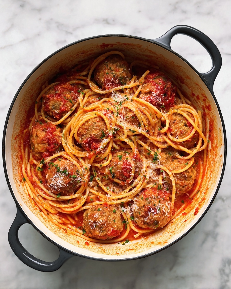 This image shows a white pot filled with spaghetti and large meatballs covered in red tomato sauce. The spaghetti strands are thick and swirled around the meatballs, which are golden brown with a slightly crispy texture. The sauce coats the inside walls of the pot with splashes of bright red and orange. Grated white cheese and small green herb leaves are scattered on top of the spaghetti and meatballs, adding extra color and texture. The pot has black handles on both sides and is placed on a white marbled surface. Photo taken with an iphone --ar 4:5 --v 7