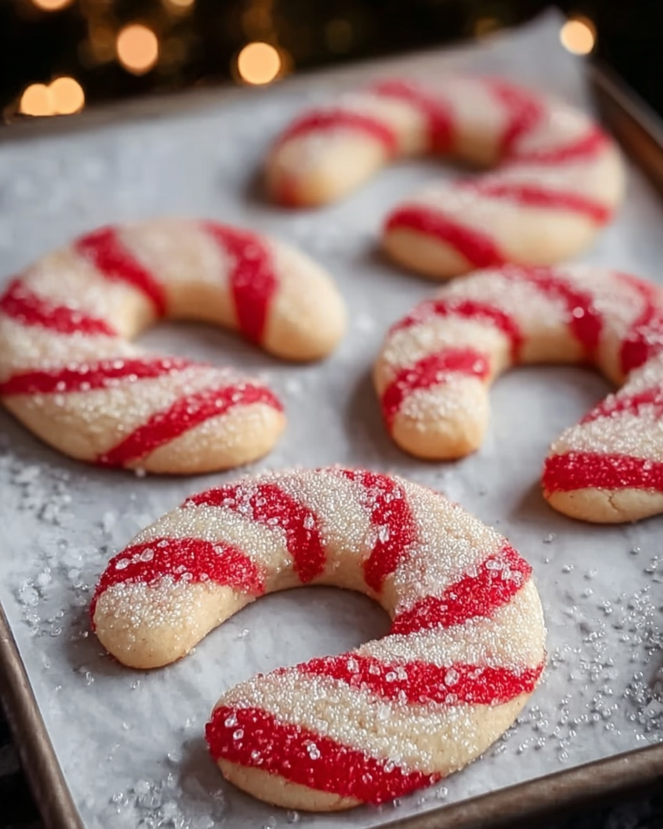 The image shows five crescent-shaped cookies arranged on a baking tray lined with parchment paper, all resting on a white marbled surface. Each cookie has a base layer of light beige dough and features thick, curved red stripes that follow the shape of the crescent, creating a candy-cane look. The entire surface of each cookie is covered with a layer of small white sugar crystals, adding a sparkling texture and a festive touch. Soft, warm lights blur out in the background, giving a cozy feeling. photo taken with an iphone --ar 4:5 --v 7