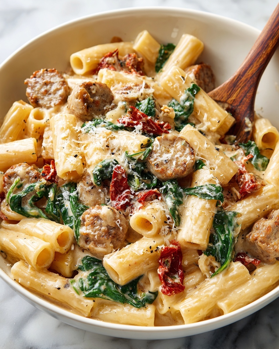 A close-up view of a white bowl filled with rigatoni pasta in a creamy light beige sauce, mixed with small round slices of browned sausage, dark green wilted spinach leaves, and pieces of dried red tomatoes, all topped with a light sprinkle of grated cheese. A wooden spoon is partially visible inside the bowl, stirring the dish. The background is a white marbled surface. photo taken with an iphone --ar 4:5 --v 7