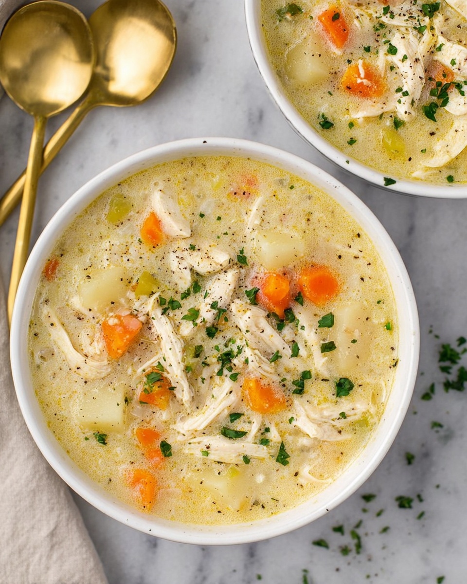 The image shows a flat lay of raw ingredients for a meal arranged on a white marbled surface. In the bottom right, a white plate holds three layers: on the left, bright green celery pieces with a fresh, slightly curved texture; in the center, vibrant orange carrot slices cut into small rounds; on the right, a pile of finely chopped white onion with a soft, moist look. Above, two white bowls sit side by side: the left bowl contains large chunks of yellow Yukon Gold potatoes with smooth skin, while the right bowl is filled with smaller diced potato cubes of the same yellow color. To the left, a white plate holds two raw chicken breasts, pale pink with a smooth, slightly shiny surface. At the top right, a clear glass measuring cup contains white milk. Below it is a carton labeled chicken broth. At the bottom left, a small white bowl contains golden olive oil with a shiny, smooth surface. Nearby is a small white dish divided into two sections holding black pepper and pink salt spices, visible as fine powders. The whole setup is clean and brightly lit, showing clear texture and color contrasts. Photo taken with an iphone --ar 4:5 --v 7