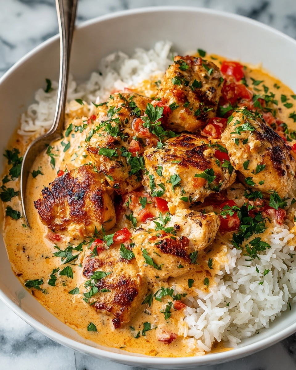 The image shows a white bowl filled with fluffy white rice at the bottom layer, topped with five pieces of browned cooked chicken. The chicken pieces have a crispy texture with light charring and are covered in a creamy orange sauce with visible green herb bits and small tomato pieces scattered throughout. Fresh green herbs are sprinkled on top for garnish. A silver spoon sits in the bowl on the left side, and the background has a white marbled texture. photo taken with an iphone --ar 4:5 --v 7
