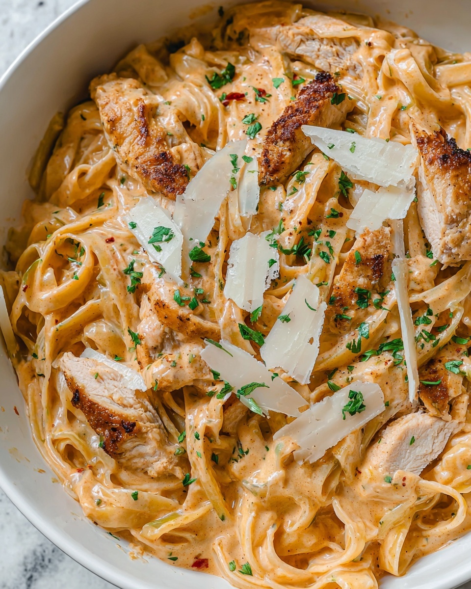 The dish shows creamy fettuccine pasta mixed with slices of cooked chicken on top. The pasta noodles are coated in a thick, light orange cream sauce with small bits of red, and sprinkled with chopped green herbs. Large, thin white cheese shavings are scattered over the pasta and chicken. The chicken pieces are browned on the edges, adding a crispy texture to the soft pasta. The whole dish is contained in a white bowl set on a white marbled surface, with a close view focusing on the textures and colors of the food. Photo taken with an iphone --ar 4:5 --v 7