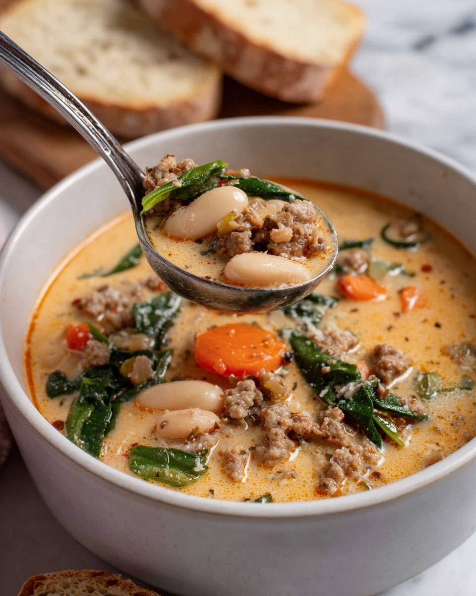 A white bowl filled with creamy soup layered with chunks of ground meat, whole white beans, bright orange carrot slices, green spinach leaves, and small pieces of celery floating throughout the light orange broth; a metal ladle scoops some soup showing these colorful layers clearly above the bowl, with two slices of light brown bread blurred in the white marbled background. Photo taken with an iphone --ar 4:5 --v 7