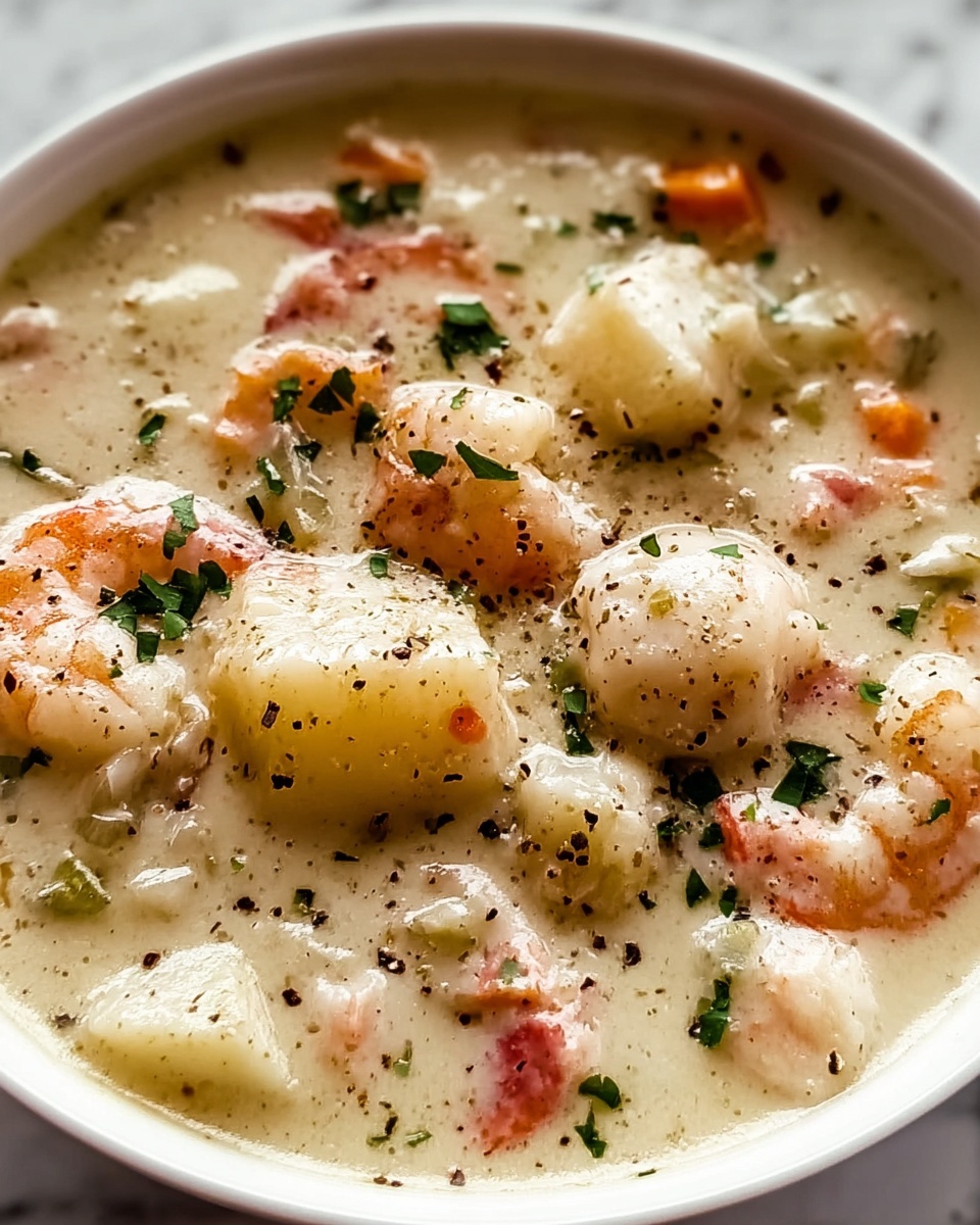 A close-up view of a creamy white soup filled with plump, pink shrimp, small white chunks of potatoes, and orange carrots, all covered in a smooth, thick cream sauce. The soup is sprinkled with small green herbs and black pepper, giving a speckled look on the surface. The image shows a rich texture with the shrimp and vegetables slightly sinking into the creamy liquid. The background has a white marbled texture. photo taken with an iphone --ar 4:5 --v 7