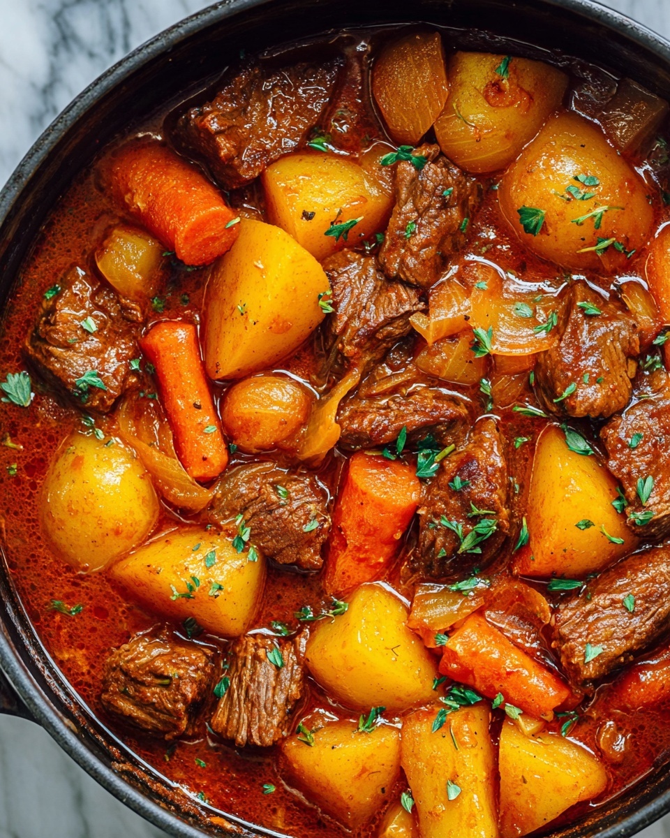 The image shows a close-up of a stew with several layers of chunks of dark brown cooked meat scattered throughout. Large pieces of bright orange carrot and yellow potatoes are mixed in, with some translucent, light brown onion pieces also visible. The stew is in a pot with a shiny, rich reddish-brown sauce coating all the ingredients. Small green herb leaves are sprinkled on top, adding contrast in color and freshness to the dish. photo taken with an iphone --ar 4:5 --v 7