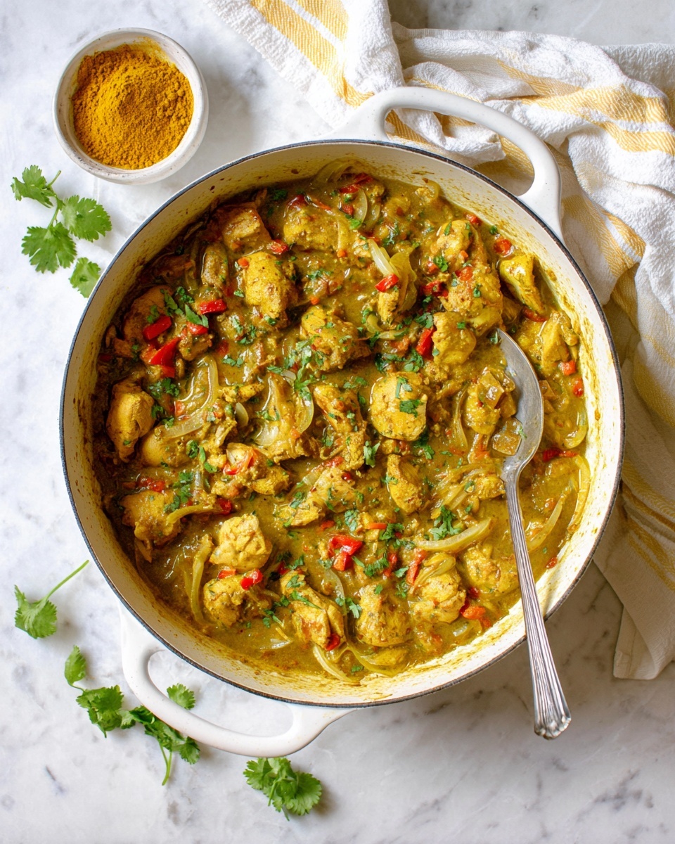 Chicken and Potato Curry Recipe 5 A close-up view of a white pan filled with a stew-like dish containing many small, chunky pieces of golden-brown meat mixed with yellowish-green sauce. The sauce is slightly thick and shiny, with finely chopped green herbs spread throughout. Visible in the mix are small pieces of pale yellow potatoes and soft, cooked onions. There are also small pieces of red vegetables adding color contrast. A silver spoon is partially submerged in the stew, lifting some pieces. The pan rests on a wooden block, and the background is a white marbled texture. Photo taken with an iphone --ar 4:5 --v 7