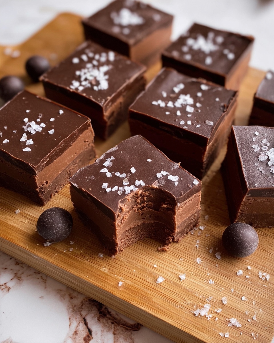5 Minute Peppermint Fudge Recipe 5 The image shows nine square pieces of dark chocolate fudge arranged on a wooden board. Each piece has smooth, glossy surfaces with a deep brown color and a few flakes of coarse salt sprinkled on top. One piece at the center is slightly bitten, revealing a dense, creamy inside with layered textures in a lighter brown tone. Two small dark chocolate balls are near the fudge, mixed with the salt flakes. The background is changed to a white marbled texture. photo taken with an iphone --ar 4:5 --v 7