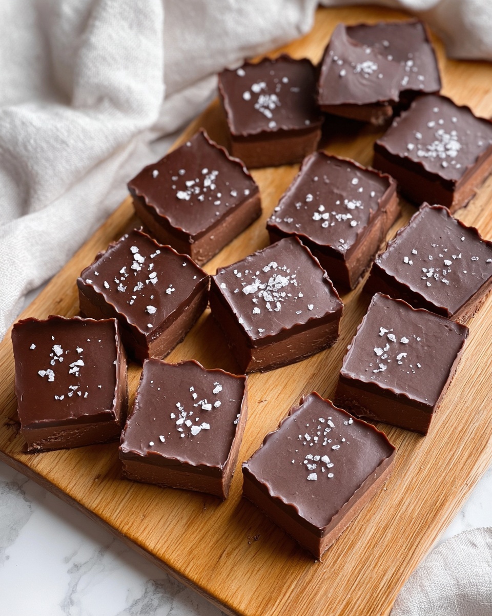 5 Minute Peppermint Fudge Recipe 6 The image shows 19 small square chocolate pieces arranged closely together on a light wooden board. Each chocolate piece has two visible layers: a bottom darker brown layer and a smooth, glossy top lighter brown layer. The top layer is shiny and slightly reflective with a few pieces having scalloped edges. There are small white salt flakes sprinkled over the top of each chocolate piece, adding texture and contrast. The board sits on a white marbled surface with part of a white cloth visible beside it. The photo taken with an iphone --ar 4:5 --v 7