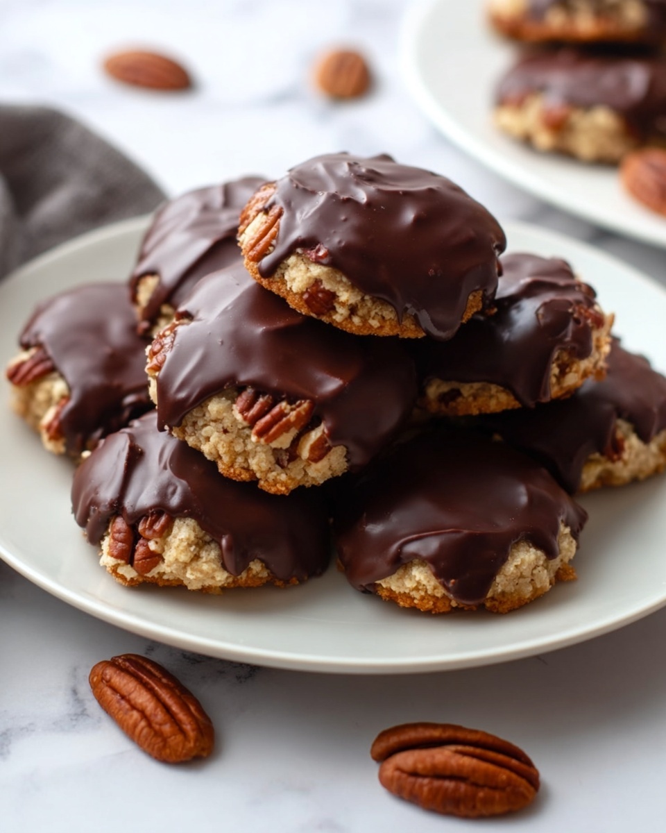 A white plate holds a stack of round pecan cookies, each cookie showing a base layer of light golden brown with visible pecan halves embedded, topped with a thick, shiny layer of dark chocolate that covers the top surface unevenly, showing some texture and slight drips. The cookies are piled on top of each other, creating a small mound in the center of the plate. Several whole pecans are scattered around the plate edges. The scene is set on a white marbled surface. photo taken with an iphone --ar 4:5 --v 7