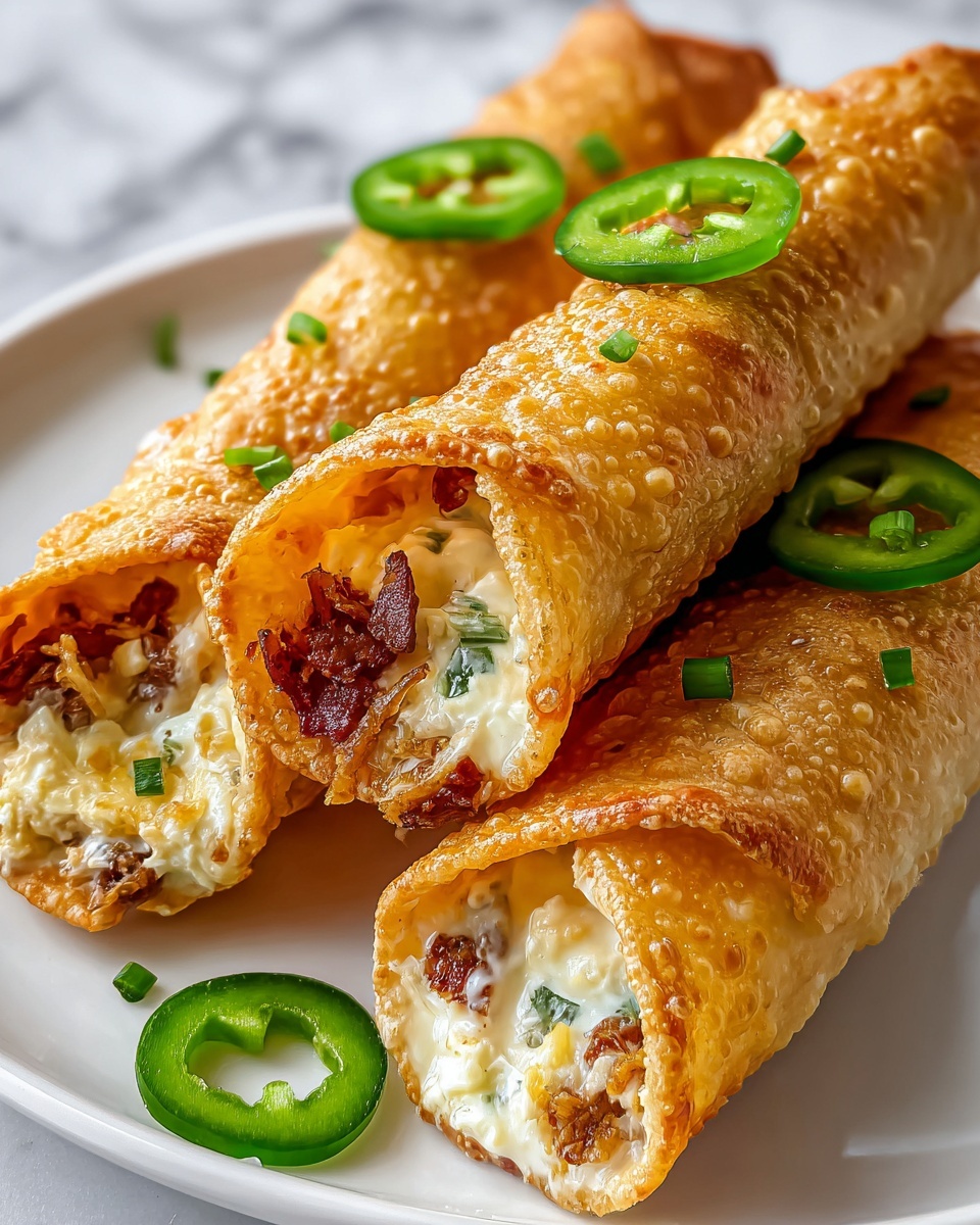 Four golden brown, crispy rolls are stacked close together on a white plate with a textured rim. Each roll is filled with visible layers of creamy white cheese, bright green pieces of pepper, and small bits of reddish-brown bacon, peeking out from the open ends. The surface of the rolls is bubbly and shiny, showing a crunchy texture. The background has a white marbled texture with a blurred green pepper behind the plate. Photo taken with an iphone --ar 4:5 --v 7