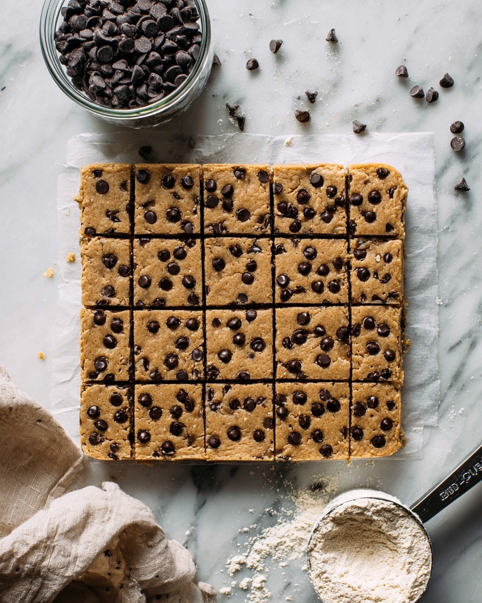 Homemade Cookie Dough Protein Bars Recipe 5 A large, flat square bar made up of one layer of light brown cookie dough covered with scattered small dark chocolate chips, evenly spread on top and embedded slightly into the surface. The bar is divided into 16 rectangular pieces arranged in a 4 by 4 grid. It is placed on white parchment paper resting on a white marbled surface. To the top left, there is a clear glass jar filled with more dark chocolate chips, some spilled around the jar. At the bottom right, there is a metal measuring cup with light beige flour, also on the white marbled surface. A soft, light beige cloth is partially visible at the bottom left corner. Photo taken with an iphone --ar 4:5 --v 7