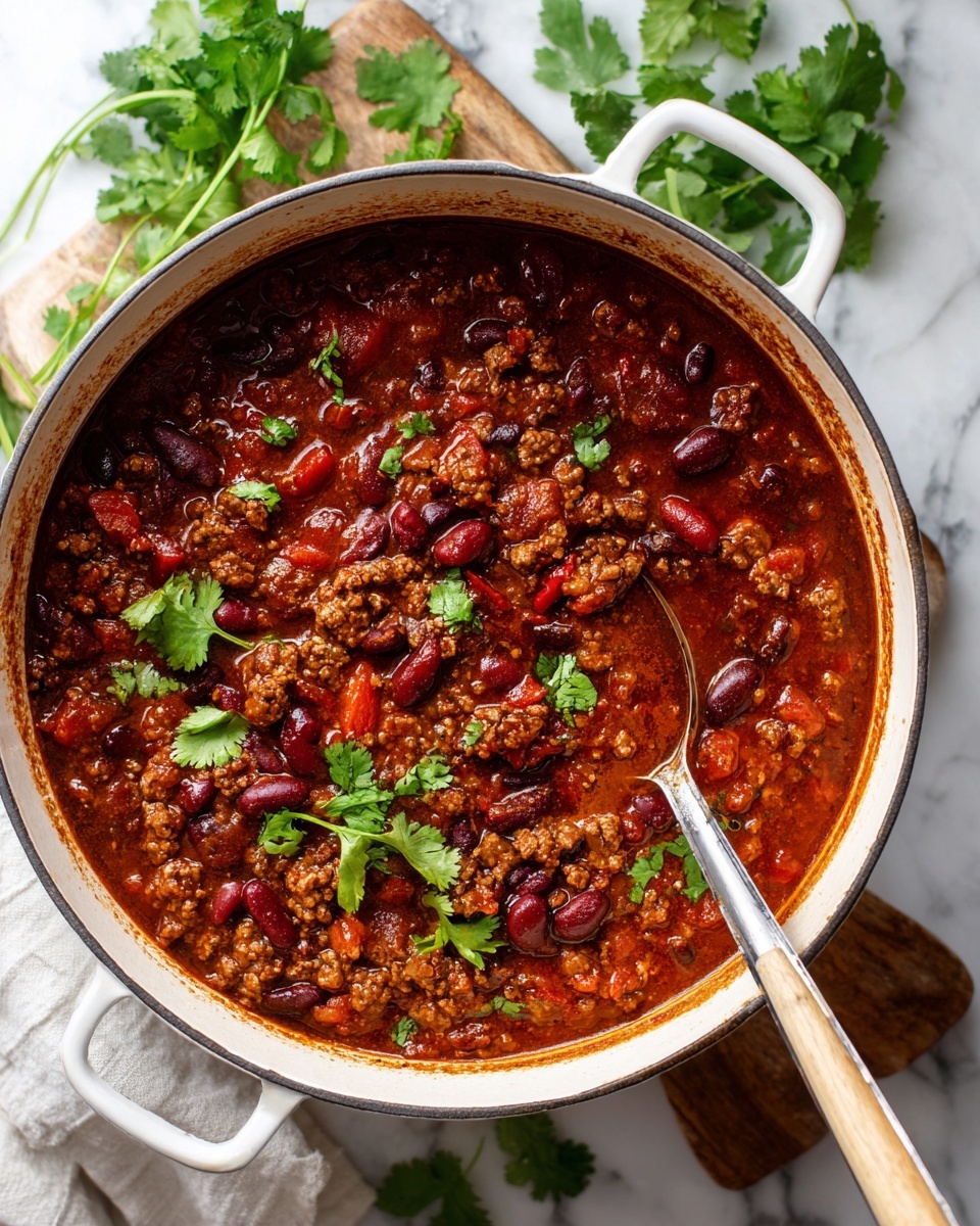 Best Ever Chili Recipe 5 A white bowl filled with thick chili showing a reddish-brown base with cooked ground meat and beans, topped on one side with bright green avocado cubes, small purple onion pieces, shredded white cheese, and chopped fresh green cilantro leaves. A silver spoon rests inside the bowl on the right side. In the back, there is another white bowl filled with a similar chili topped with the same garnishes, and a small beige bowl filled with shredded cheese with some cheese scattered around. The bowls sit on a white marbled surface with a wooden board and some cilantro leaves on the left edge photo taken with an iphone --ar 4:5 --v 7