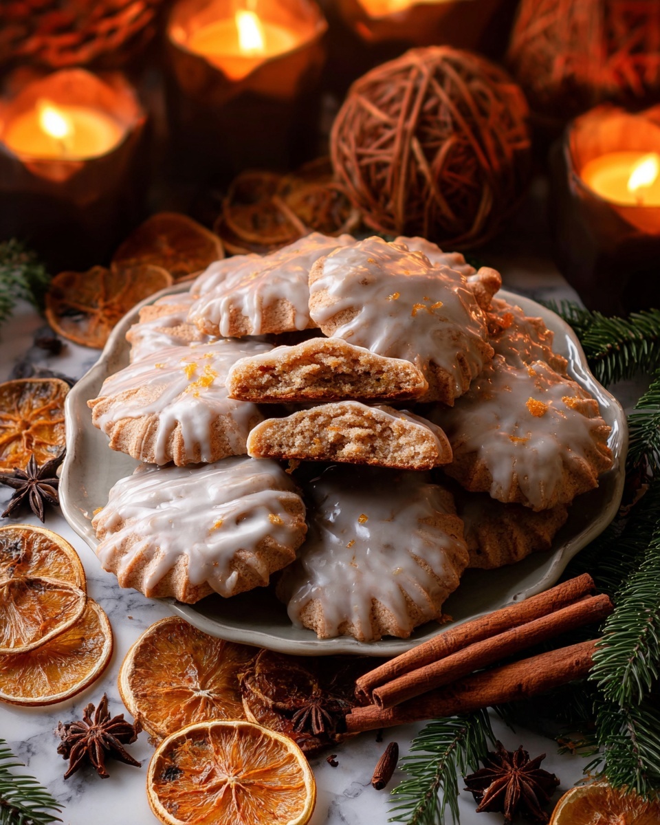 A pile of round, light brown cookies with wavy edges and a thin white icing glaze sits stacked on a white plate with a slightly scalloped edge. One cookie is broken in half and placed on top, showing a dense, crumbly inside with bits of orange peel. Around the cookies are dried orange slices with a dark orange and brown color, and two long brown cinnamon sticks are laid on the right side of the plate. Small sprigs of green evergreen pine needles peek out, along with dark star anise pods scattered among the cookies and orange slices. The background features warm glowing candles and dark brown wicker balls on a white marbled surface. photo taken with an iphone --ar 4:5 --v 7