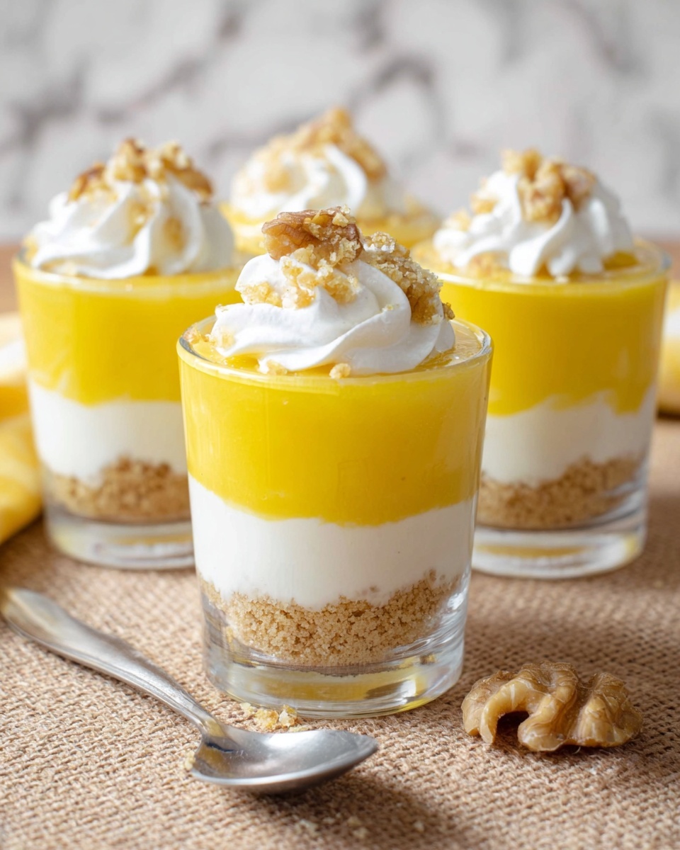 The image shows five clear cups filled with a three-layer dessert. The bottom layer is a light brown crumbly texture resembling crushed nuts or cookies. The middle layer is thick and bright yellow, smooth and creamy. The top layer is a fluffy white whipped cream, sprinkled with small pieces of chopped nuts. The cups are placed on a beige textured surface with a blurred metal measuring cup and spoon in the background on a white marbled texture. photo taken with an iphone --ar 4:5 --v 7