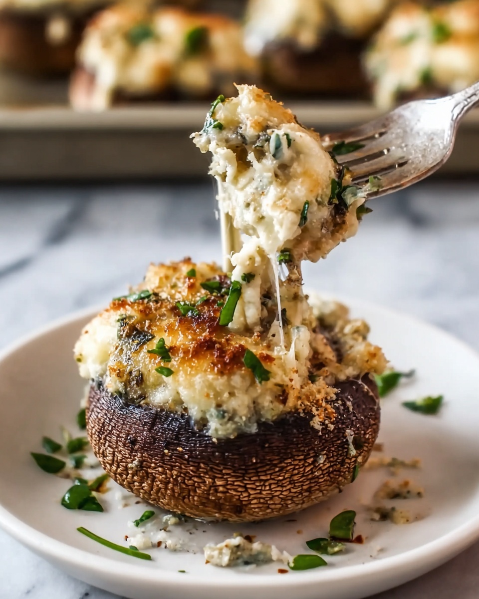 A single large stuffed mushroom sits on a white plate with a few scattered green herb pieces. The mushroom's base is dark brown with a rough textured surface, and it is filled with a creamy, light-colored mixture that includes melted cheese and small bits of green herbs. The cheese topping is slightly browned and crispy in spots, showing a melted and soft texture inside. A silver fork lifts a portion of the cheesy filling, pulling it up with a stringy stretch. The background features a white marbled surface with a blurred view of more stuffed mushrooms on a tray. Photo taken with an iphone --ar 4:5 --v 7