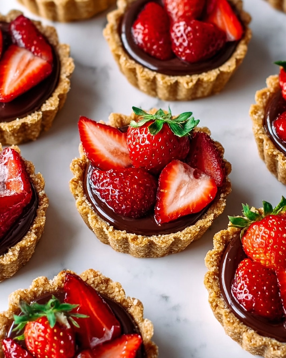 The image shows three small tarts with three layers each, placed on white plates, on a white marbled surface. The bottom layer is a golden brown, crumbly tart crust with a scalloped edge. The middle layer is a glossy, dark chocolate filling, smooth and shiny. On top, each tart has three fresh strawberry halves, bright red with green tops, arranged in the center. One tart is in the front and fully visible, while the other two are partially visible in the background. Photo taken with an iphone --ar 4:5 --v 7