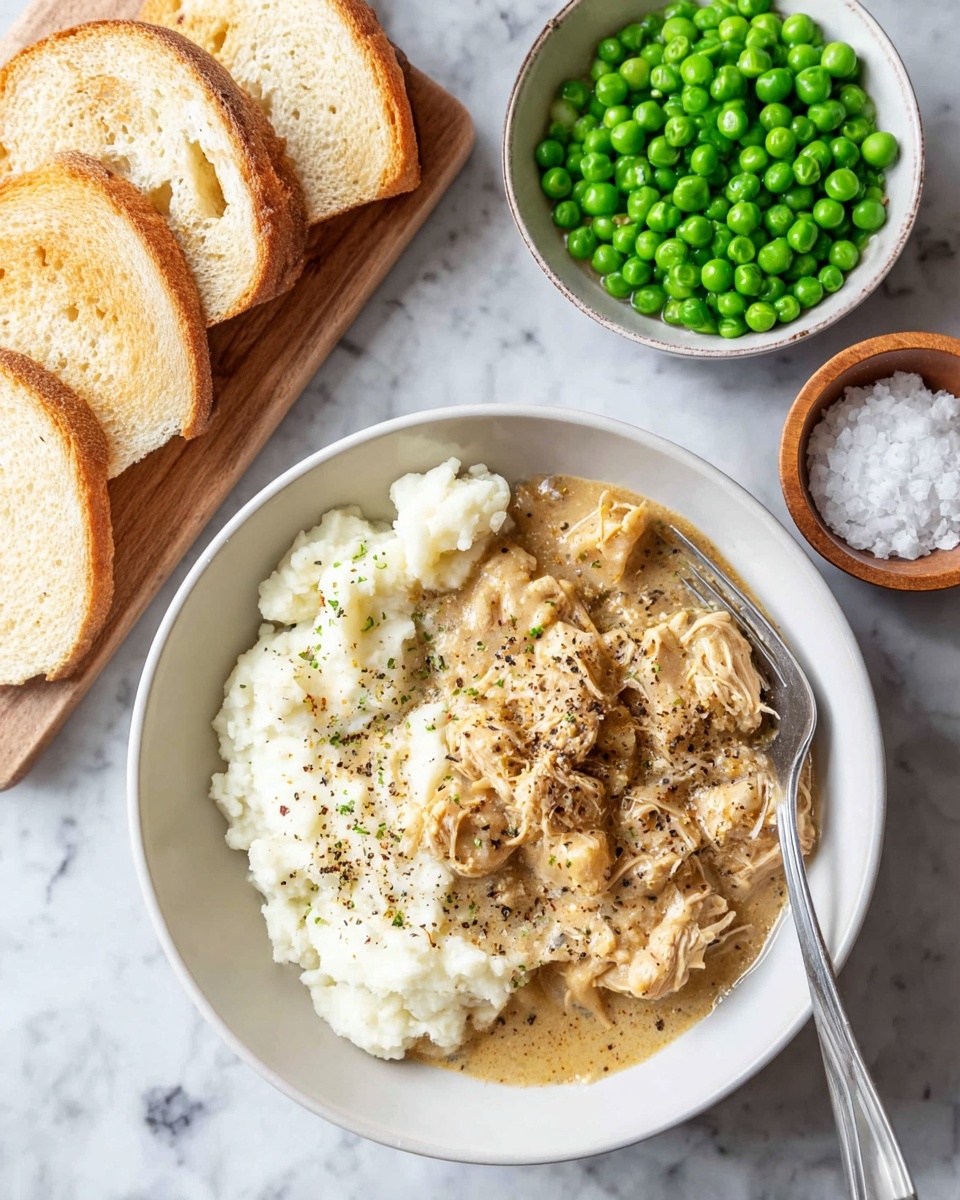 Chicken and Gravy over Mashed Potatoes Recipe 5 A white bowl filled with two layers: the bottom layer is creamy white mashed potatoes with a soft texture, topped with a thick, light brown gravy with chunks of shredded meat, sprinkled with black pepper. A fork rests on the right side inside the bowl. Next to the bowl, there is a white bowl filled with bright green peas and a small wooden bowl with coarse salt. On the top left corner, there is a wooden board holding four slices of light brown toasted bread. The whole setting is on a white marbled surface photo taken with an iphone --ar 4:5 --v 7