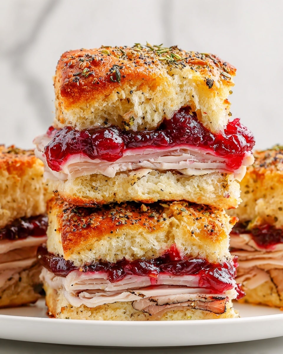 The image shows a close-up view of three stacked sandwich pieces, each with four visible layers. The bottom layer is golden brown soft bread, slightly thick and fluffy. Above the bread are thin layers of light pink sliced turkey meat. On top of the meat, there is a thick, bright red cranberry sauce with a glossy texture, spread unevenly to show some juicy whole cranberries. The top layer is a golden bread roll sprinkled with dark poppy seeds and herbs, with a slightly crispy, textured top crust. The sandwiches are placed on a white plate with a white marbled surface in the background. Photo taken with an iphone --ar 4:5 --v 7