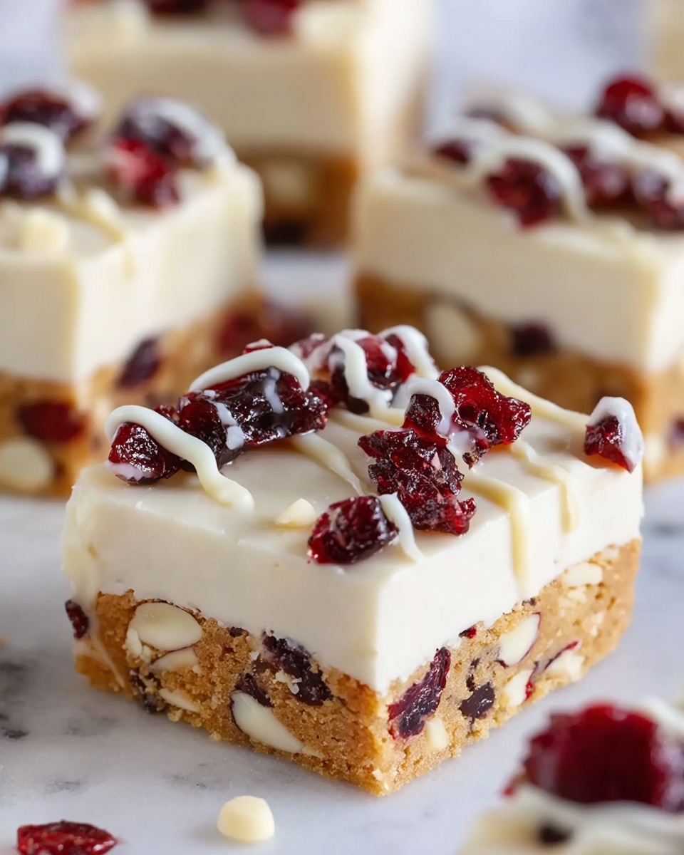 The image shows a close-up of a dessert with two layers placed on a white marbled surface. The bottom layer is a golden brown cookie base filled with white nuts and dark red dried cranberries. On top is a creamy white layer with a smooth texture, also containing pieces of cranberries. The top surface is decorated with small clusters of dark red cranberries and thin drizzles of white icing, giving a slightly shiny appearance. In the background, parts of other similar dessert pieces can be seen. photo taken with an iphone --ar 4:5 --v 7