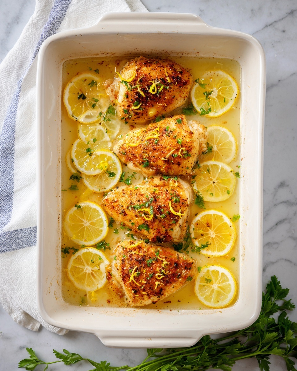 The image shows four cooked chicken breasts with a crispy orange-brown spice coating, arranged in a single layer on a white marbled surface. Each chicken piece is sprinkled with black pepper and small green herb bits, likely parsley. Around the chicken breasts, there are several bright yellow lemon slices adding contrast to the warm tones. The chicken looks juicy with some lemon zest scattered over the top, enhancing the fresh and zesty appearance. photo taken with an iphone --ar 4:5 --v 7