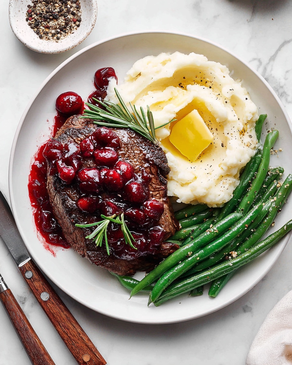 Cranberry Balsamic Ribeye Steak Recipe 5 A white plate sits on a white marbled surface, holding three main layers. On the left is a thick, dark brown steak with a textured, slightly crusty surface, topped with a rich red cranberry sauce that has visible whole cranberries and a few sprigs of green rosemary on top. To the right of the steak is a smooth, creamy mound of mashed potatoes, white in color, with a melted square of yellow butter pooling on top and sprinkled lightly with black pepper. Alongside the mashed potatoes is a neat pile of bright green steamed green beans, seasoned with small black pepper flakes. A fork and a knife with wooden handles are placed on the left side of the plate, near a small white bowl of coarse black pepper. photo taken with an iphone --ar 4:5 --v 7