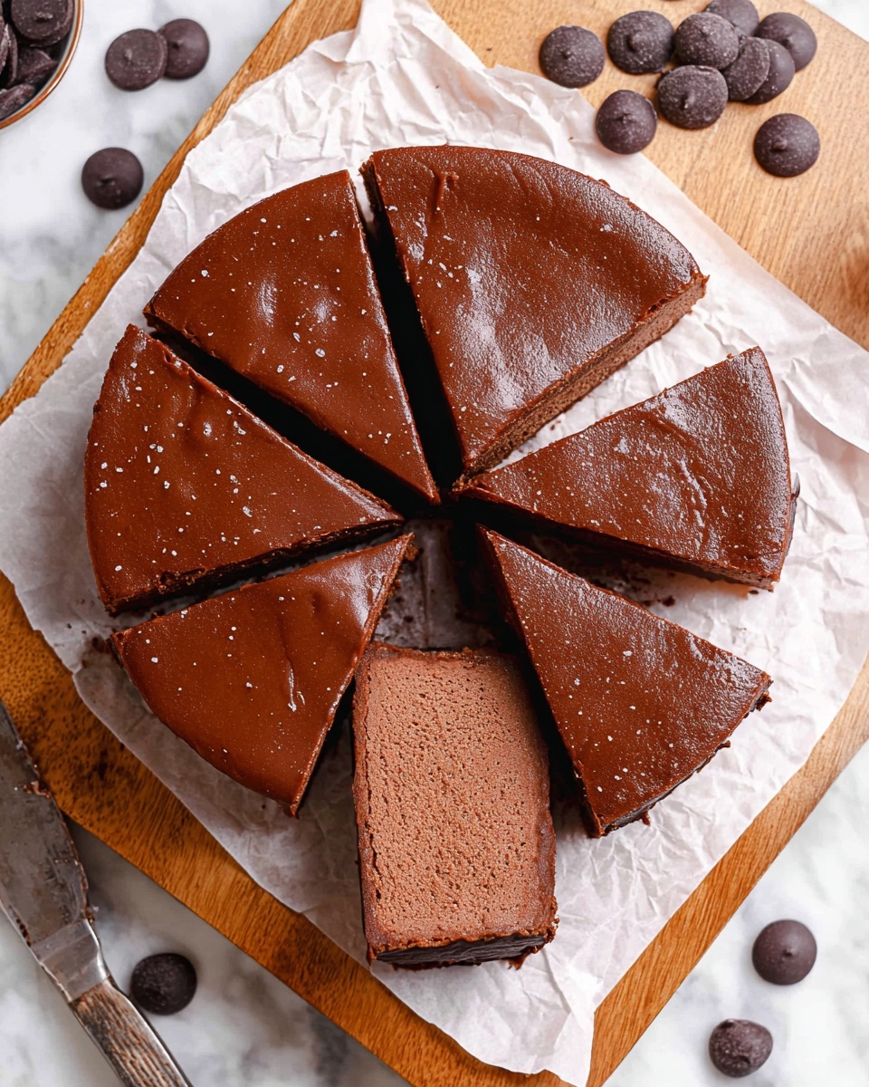 A thick, dark brown chocolate cake cut into eight slices sits on white parchment paper on top of a wooden board. The cake has one smooth, glossy layer on the top and a dense, creamy chocolate filling inside. A single slice is being lifted, showing the rich, smooth texture inside and the slightly firm crust outside. The background has a white marbled texture and includes dark matte black vases and stacked white plates. A little bit of the cake layer looks cracked and moist. Photo taken with an iphone --ar 4:5 --v 7
