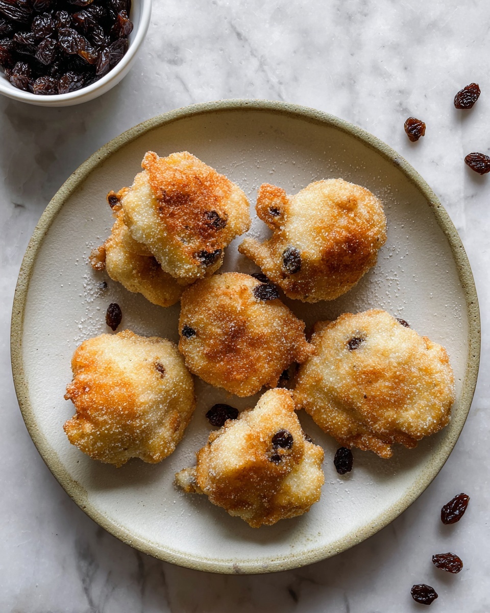 The image shows seven small, golden-brown fried dough pieces covered lightly with sugar crystals, arranged on a white plate. One piece is broken open at the front, showing a soft, bubbly, and airy inside with bits of dark dried fruit embedded. The fried dough pieces have a rough, textured surface with some browning spots. The plate is set on a white marbled surface scattered with a few raisins. Photo taken with an iphone --ar 4:5 --v 7