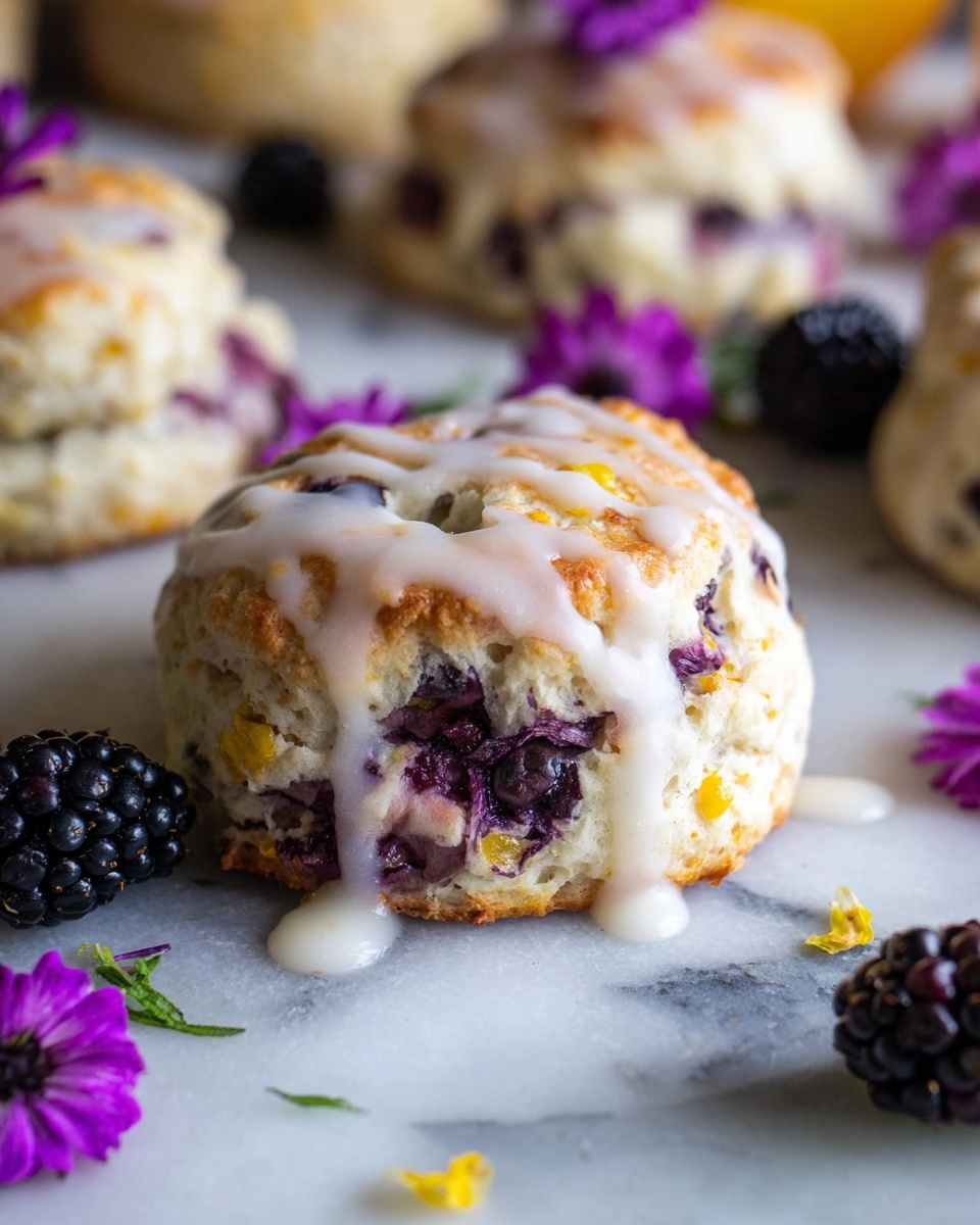 Several round scones with a light golden-brown top layer show swirls of dark purple berries baked inside. A thin white glaze with small bits of orange zest drizzles unevenly over each scone, adding a shiny texture. The scones sit on light brown parchment paper, which rests on a white marbled surface. Around the scones are a few dark purple blackberries and bright purple small flowers scattered randomly for decoration. photo taken with an iphone --ar 4:5 --v 7