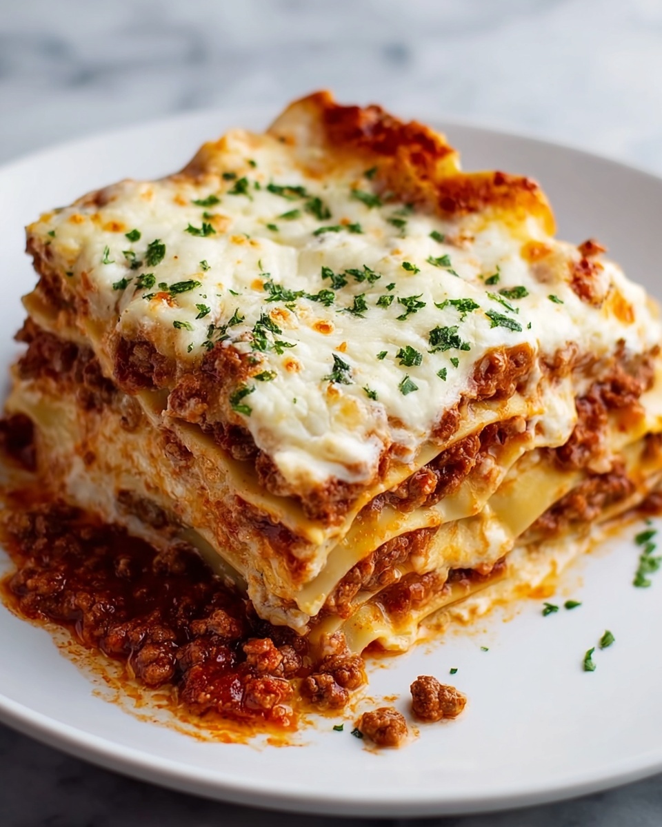 A close-up view of a square piece of lasagna on a white plate with a white marbled texture beneath. The lasagna has four visible layers of soft yellow pasta sheets, each separated by thick layers of brown seasoned ground meat sauce mixed with reddish tomato sauce. The top layer is covered with melted, slightly browned cheese that has a golden crust. Small pieces of green parsley leaves are sprinkled on top and around the lasagna. In the background, a silver fork can be seen on the right side. Photo taken with an iphone --ar 4:5 --v 7