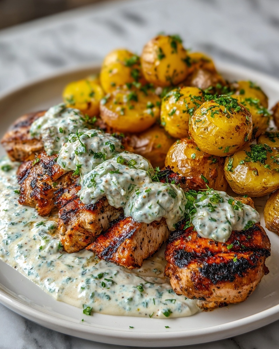 The dish shows a white plate with three pieces of grilled chicken in the front, each piece having a browned, slightly charred texture with specks of black grill marks. On top of the chicken, there are dollops of creamy white sauce mixed with finely chopped green herbs. Next to the chicken, there is a thick layer of the same creamy sauce spread across the plate. On the right side and behind the chicken, there is a pile of golden roasted baby potatoes, some halved to show a soft yellow inside, sprinkled with green herb flakes. The plate is set on a white marbled surface. photo taken with an iphone --ar 4:5 --v 7