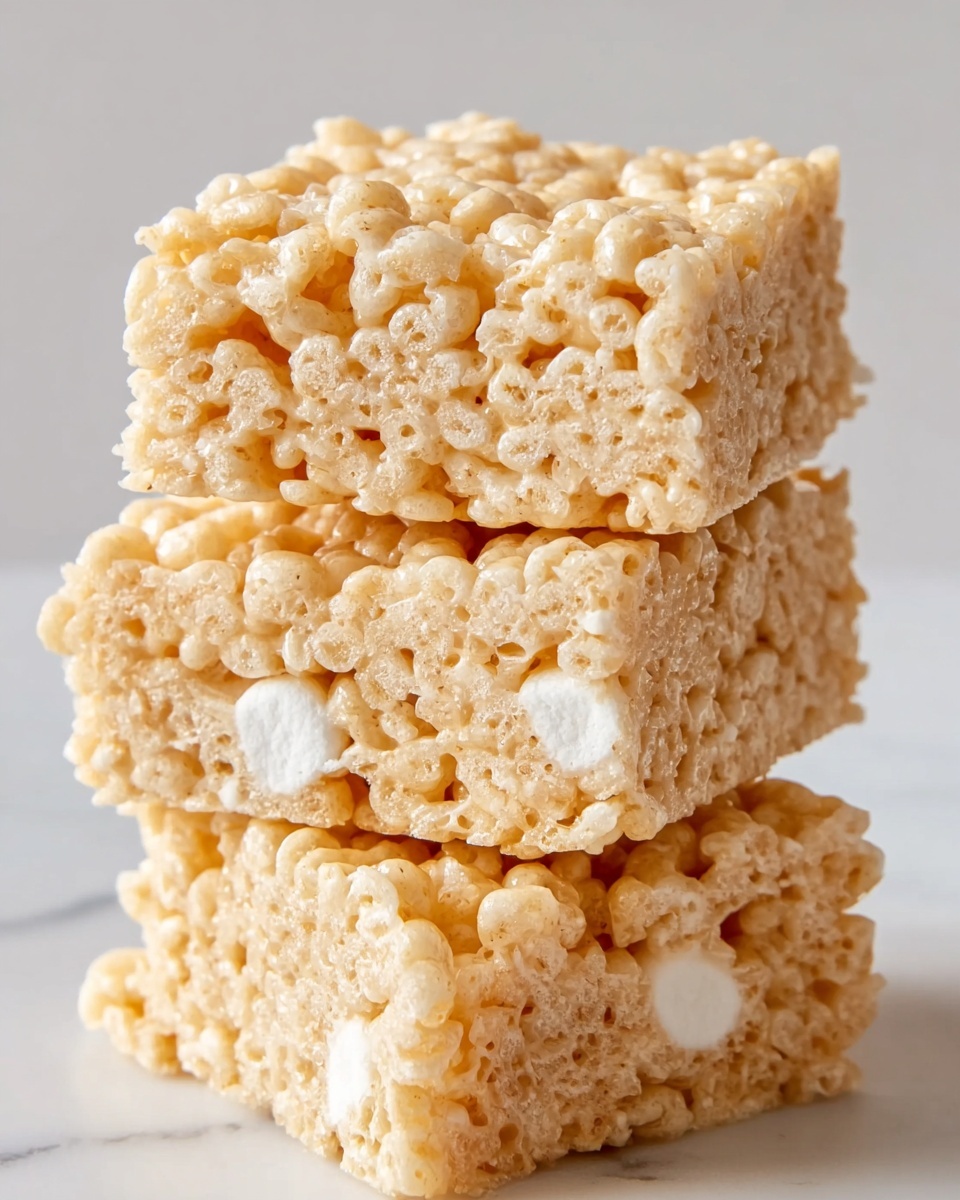 The image shows a close-up of three stacked squares of rice crispy treats with visible small white marshmallows inside. Each square has a golden-beige color with a glossy texture, showing the puffed rice grains tightly packed together. The top square is slightly tilted, revealing the airy, uneven surface and soft texture of the treat. The background and surface are a white marbled texture, adding a clean and simple look to the image. photo taken with an iphone --ar 4:5 --v 7