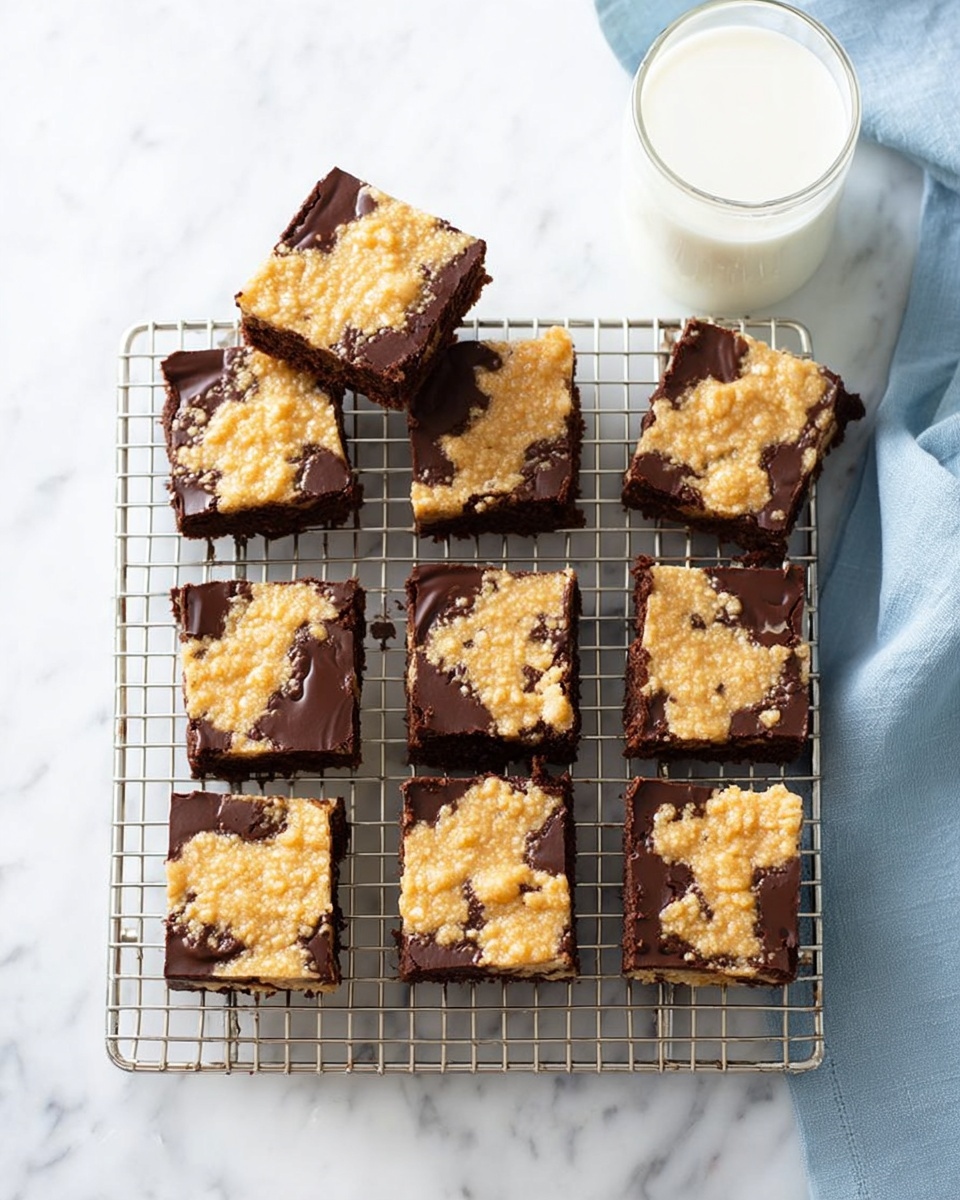 A square baking pan lined with white parchment paper holds a dark brown, smooth chocolate batter spread evenly in a single layer. On top, there are twelve clusters of light tan oat mixture scattered in three rows, each cluster with rough texture and visible rolled oats. The pan sits on a white marbled surface, highlighting the contrast between the dark chocolate base and the lighter oat topping. photo taken with an iphone --ar 4:5 --v 7