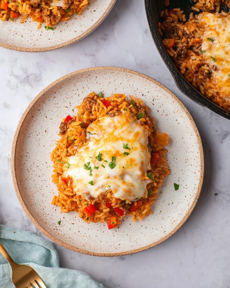 Deconstructed Stuffed Peppers Recipe 5 A black cast iron skillet filled with a layered dish, starting with a base of reddish-brown cooked mixture with visible small red and green vegetable bits, topped with a thick layer of melted cheese that is golden yellow with some browned spots and patches of white cheese showing through. Small green herb pieces are sprinkled evenly on the melted cheese. The skillet is placed on a white marbled surface, partially covered by a gray cloth. Photo taken with an iphone --ar 4:5 --v 7