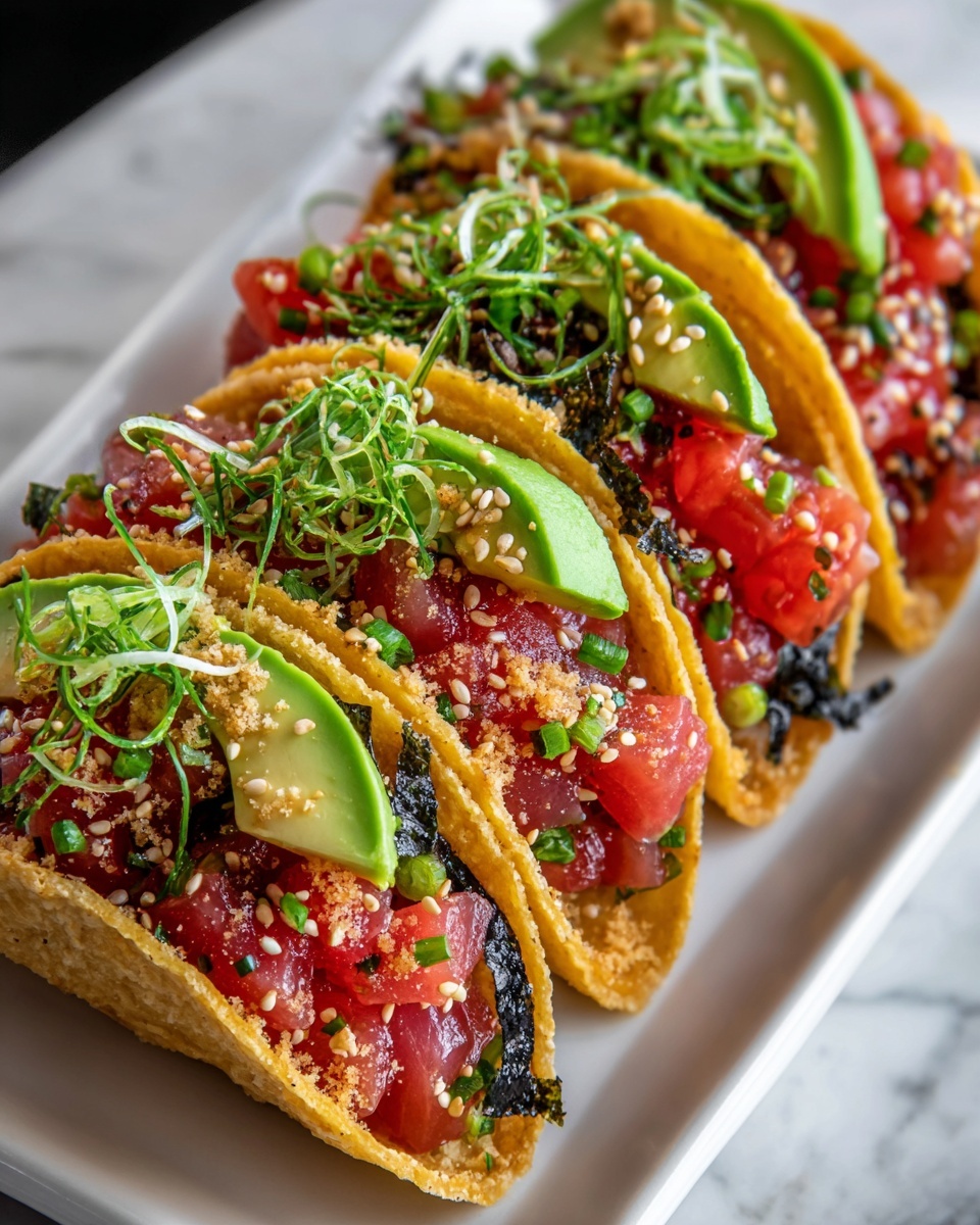 Four small crispy light brown taco shells are lined up on a white marbled surface inside a white tray. Each taco is filled with bright red chunks of raw fish on the bottom layer, topped with thin, pale green slices of avocado placed on one side. On top, there are fine green slices of scallions spread evenly. The tacos are sprinkled with black and white sesame seeds and tiny bits of light brown crushed nuts. The textures show the crunchy taco shell, juicy fish, smooth avocado, and fresh scallion layers clearly. Photo taken with an iphone --ar 4:5 --v 7