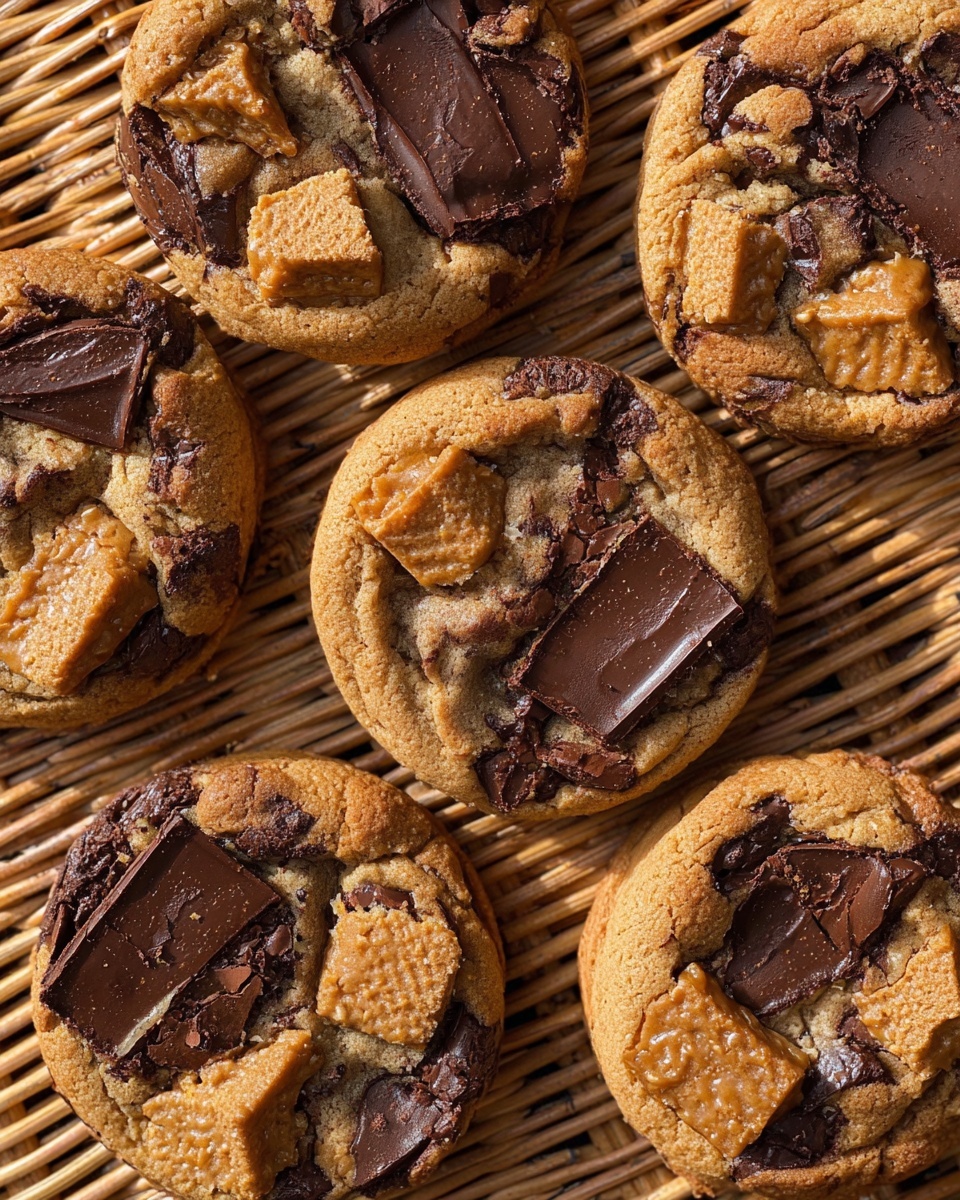 Biscoff Chocolate Chip Cookies Recipe 5 The image shows six round cookies placed closely on a woven wicker surface. Each cookie has a golden-brown base with a soft, slightly cracked texture. Large uneven chunks of dark chocolate are embedded on top, melting slightly into the cookies. Additionally, there are square caramel-colored biscuit pieces pressed into the surface of each cookie, contrasting with the dark chocolate. The edges of the cookies are slightly darker and crispier, creating a warm and inviting look. photo taken with an iphone --ar 4:5 --v 7