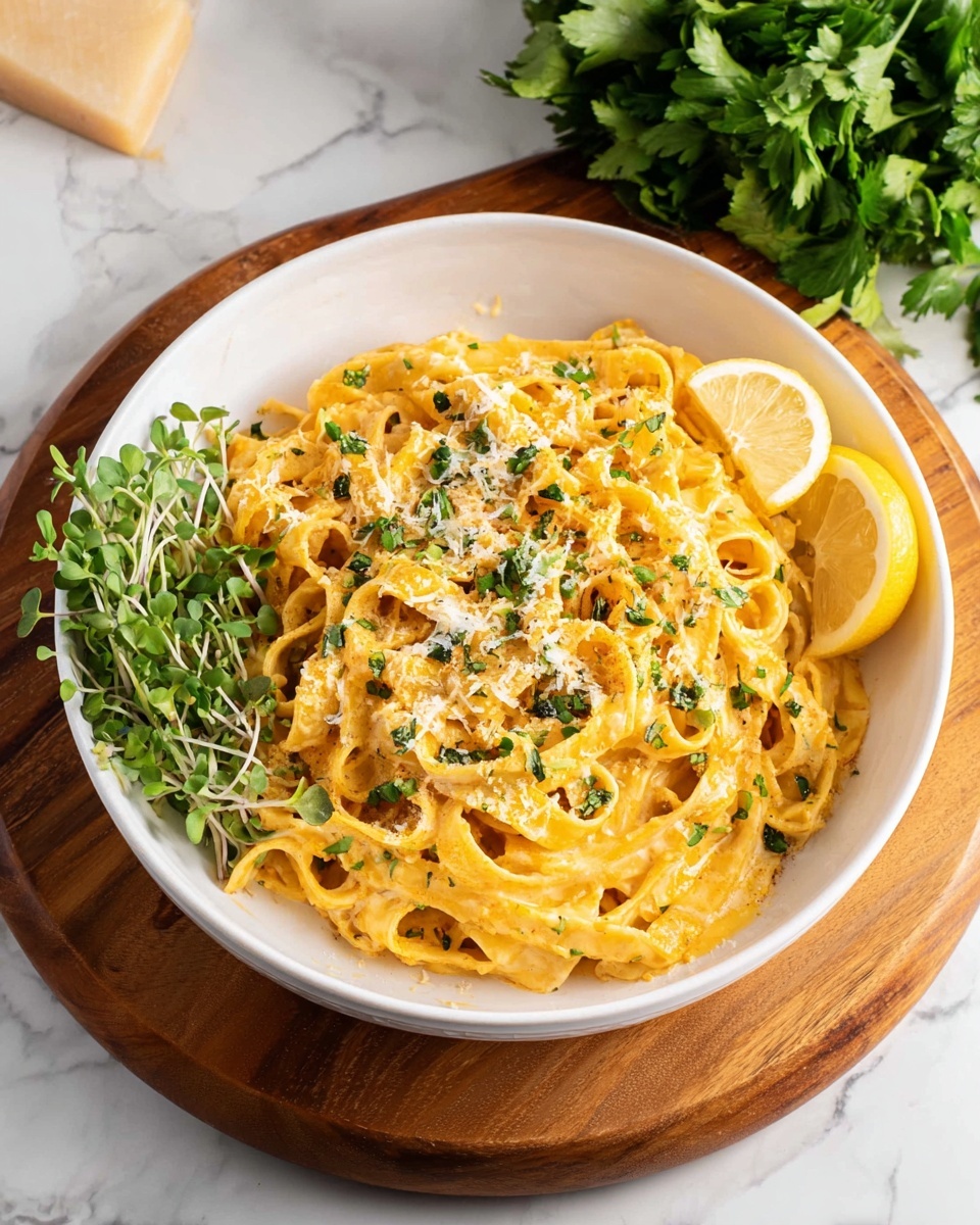 Cajun Alfredo Sauce Recipe 6 A white bowl filled with creamy orange-yellow fettuccine pasta is placed on a round wooden board. The pasta is topped with small green herb pieces and a light dusting of grated cheese. On the left side of the bowl, there is a small bunch of fresh green microgreens and a half slice of lemon resting against the pasta. The background shows a bunch of leafy green herbs and the surface is a white marbled texture. photo taken with an iphone --ar 4:5 --v 7