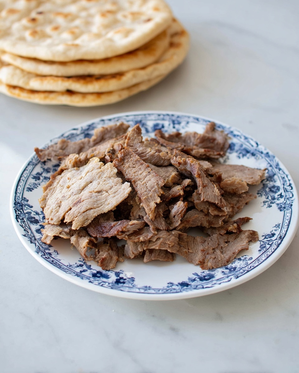 A white plate with a blue floral pattern is piled high with several layers of thin, irregularly shaped slices of cooked meat, showing a rough texture with some browned edges. Behind the plate, three round flatbreads are stacked neatly, each showing a lightly toasted, golden-brown surface. All items sit on a white marbled textured surface. photo taken with an iphone --ar 4:5 --v 7