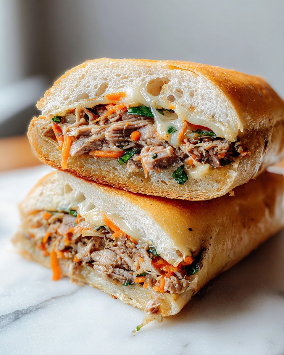 The image shows a sandwich cut in half and stacked one on top of the other on a white marbled surface. The bread is light golden brown with a soft, airy texture and a slightly toasted crust. Inside, there are two layers of filling: the bottom layer is made of finely shredded, cooked meat mixed with thin carrot strips and small green leafy pieces, while the top layer has melted cheese stretching slightly over the meat. The sandwich looks juicy and tender, with a mix of light brown, orange, green, and creamy white colors. photo taken with an iphone --ar 4:5 --v 7