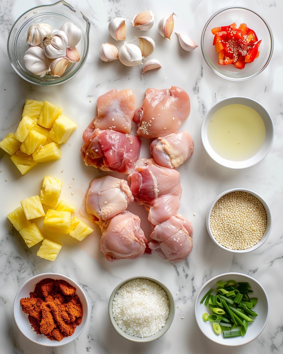 The dish is a complete bowl filled with a generous serving of cooked brown rice as the base, topped evenly with whole chunks of grilled, glazed chicken pieces that have a shiny, caramelized look. Scattered throughout the chicken are full pieces of bright, juicy pineapple chunks that add a vibrant yellow color. The dish is garnished with fresh, finely chopped green herbs sprinkled across the entire surface, creating a fresh contrast against the warm tones of the chicken and pineapple. The bowl is a simple, round white bowl with a smooth rim, set on a white marbled surface, capturing a clear, professional food photography style. photo taken with an iphone --ar 4:5 --v 7